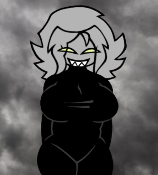 big_breasts black_body black_skin breast breasts friday_night_funkin looking_at_viewer nene_(newgrounds) nene_trollge nightmare_waifu smile sonicboiforlife the_trollge_files the_trollge_omori white_hair yellow_eyes