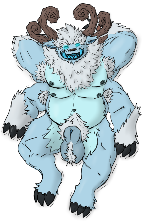 animal_genitalia anthro antlers armpit_hair balls body_hair claws genitals horn howling4uwu league_of_legends male multi_arm multi_limb musclegut muscular penis penis_tip riot_games sheath solo tencent willump_(lol) yeti