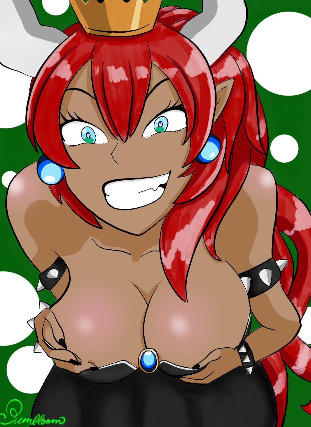 1girls armlet arms artist_name artist_request black_armlet black_armwear black_collar black_cuffs black_dress black_nail_polish black_nails black_pupil black_pupils black_wrist_cuffs blue_earring blue_earrings blue_eyes body_blush bowsette breasts breasts_focus clenched_teeth collar crown cuffs cupping_boobies cupping_boobs cupping_breasts cupping_hands cupping_knockers dark_skinned dark_skinned_female dress ear earrings eyebrows eyelashes female female_focus female_only gold_(metal) gold_crown gray_trim green_background green_eyes grey_trim grin hands hands_on_own_breasts heart heart-shaped_pupils horns huge_boobies huge_boobs huge_breasts huge_knockers knockers long_eyebrows long_eyelashes lower_teeth mario_(series) mega_milk mega_milk_(meme) mistrespumbloom new_super_mario_bros._u_deluxe original_character pierced_ears piercing piercings pixiv pixiv_commission pixiv_username png png_conversion png_file pointy_ears ponytail red_bowsette red_hair redden_boobies redden_boobs redden_breasts redden_knockers redden_shoulders sharp_nail sharp_nails sharp_teeth shiny shiny_boobies shiny_boobs shiny_breasts shiny_clothes shiny_dress shiny_hair shiny_knockers shiny_skin shoulders smile studded_armlet studded_bracelet studded_collar super_mario_bros. teeth thick_boobies thick_boobs thick_breasts thick_eyebrows thick_eyelashes thick_knockers thin_eyebrows two_tone_background two_tone_eyes upper_teeth white_polka_dots wrist_cuff