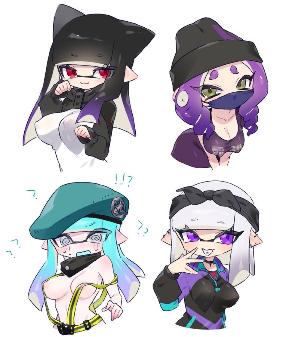 4girls bangs beanie black_hair blue_hair blunt_bangs breasts cat_ears cleavage covered_nipples embarrassed female_only green_eyes inkling inkling_girl long_hair mask multiple_girls navel octoling octoling_girl octopus purple_eyes purple_hair red_eyes short_hair smug smug_face splatoon splatoon_(series) vaz_999 white_hair