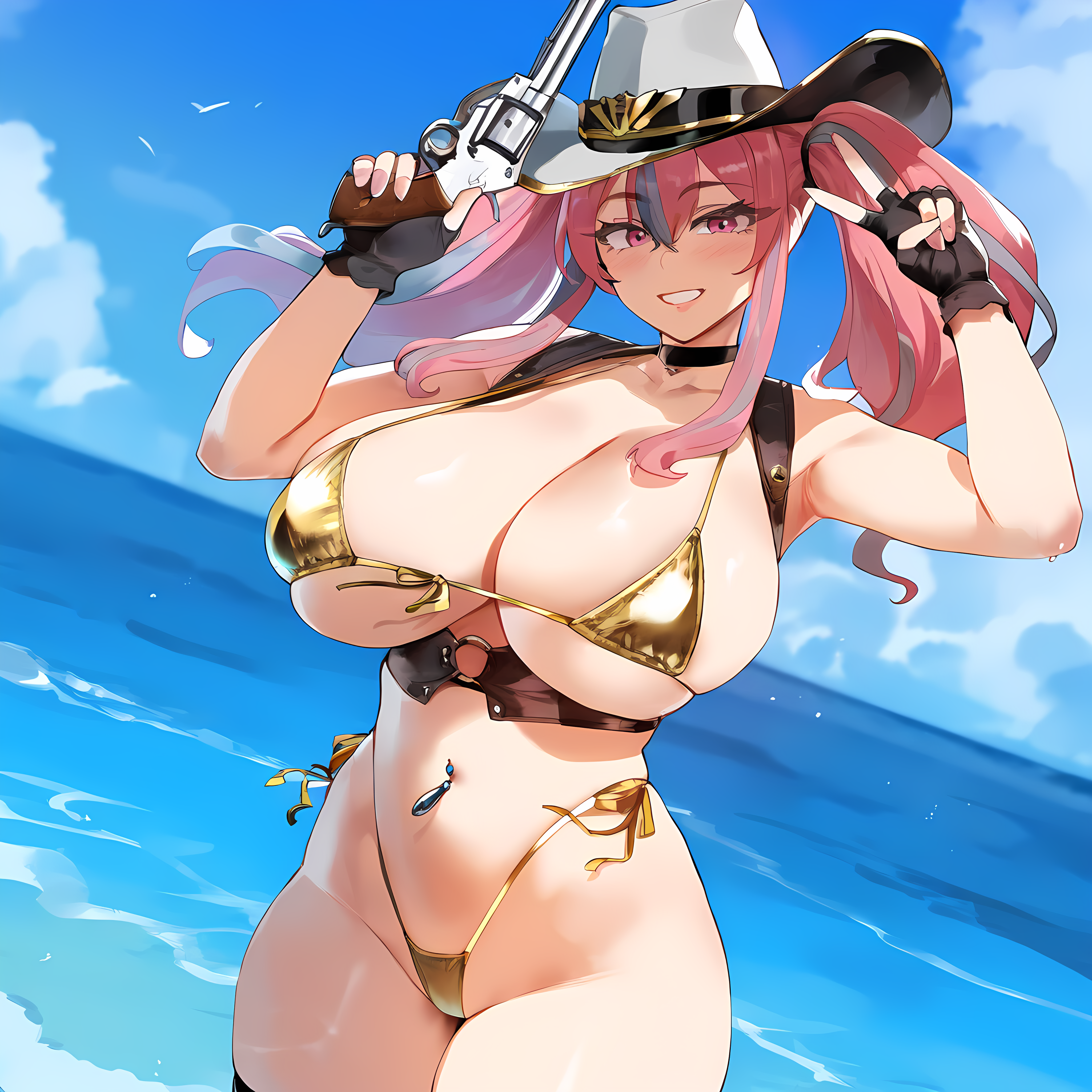 1girls, ai generated, azur lane, big breasts, bikini, breasts, bremerton (azur lane), cowboy hat, cowgirl outfit, female, golden bikini, gun, hat, holding, holding gun, holding object, huge breasts, large breasts, looking at viewer, ocean, outdoors, piercing, pink eyes, pink hair, plump, plump breasts, skimpy, skimpy bikini, skimpy clothes, solo, twintails, water, weapon, western, western clothes