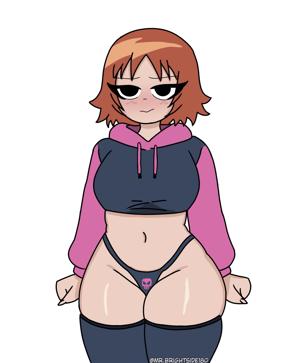 1girls, black eyes, blue legwear, blue thong, blush, brown hair, female, freckles, hoodie, kim pine, legwear, mr.brightside, paggi outfit, partially clothed, scott pilgrim, short hair, skull, solo, solo female, stockings, thigh highs