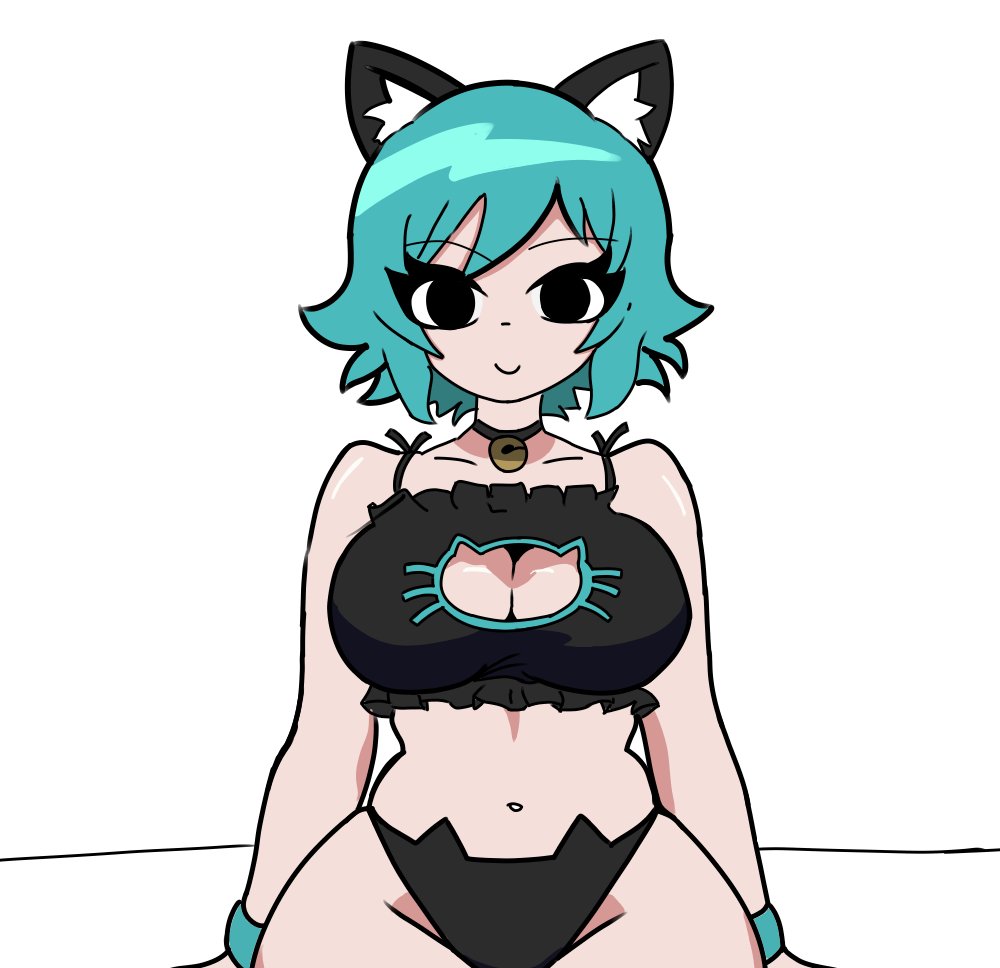 1girls, bell, bell collar, black eyes, black underwear, blue hair, boob window, breasts, cat ears, collar, female, mr.brightside, ramona flowers, scott pilgrim, short hair, solo, solo female, underwear
