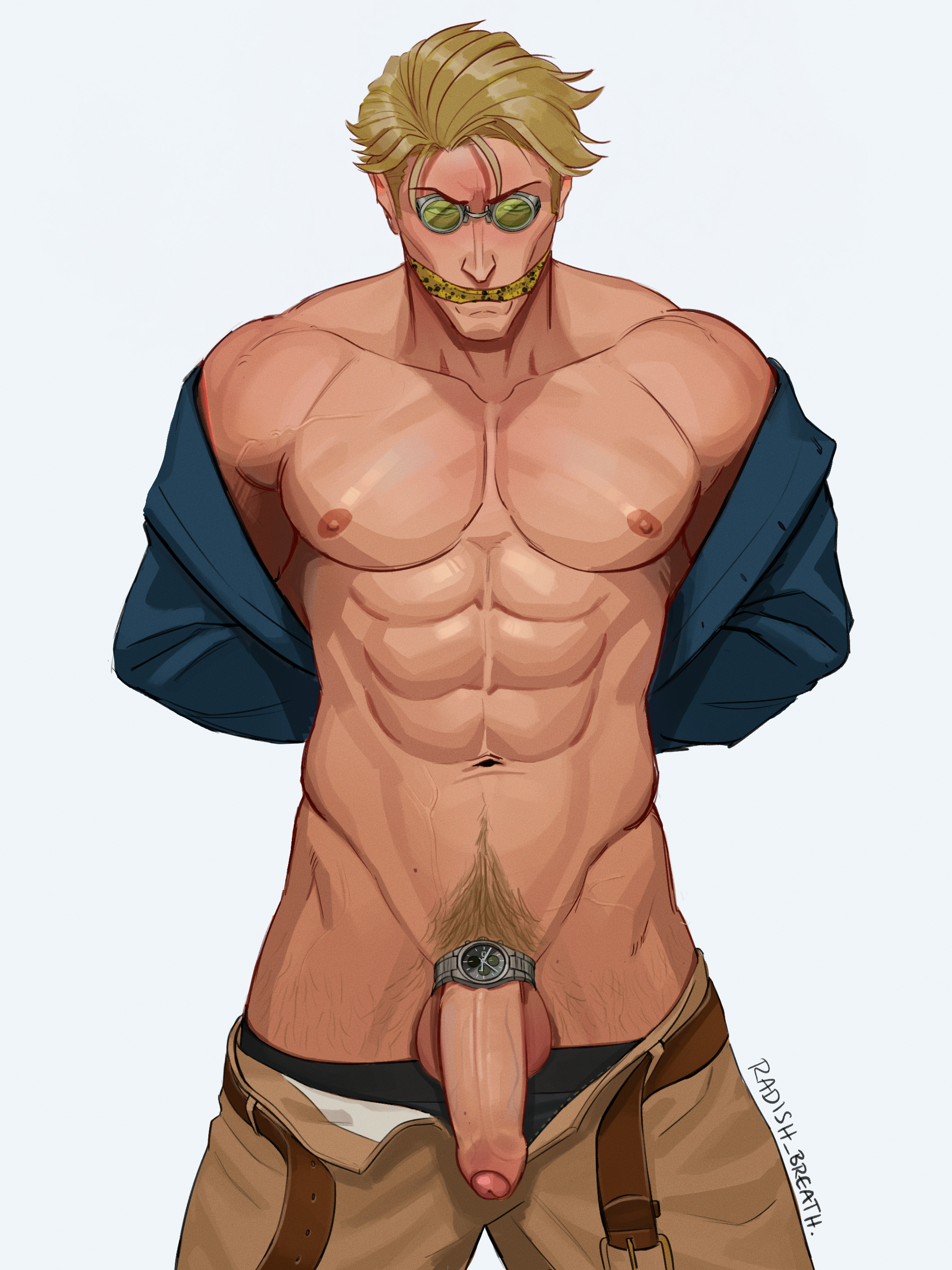 1boy, angry, blush, cock ring, foreskin, gagged, hands behind back, jujutsu kaisen, kento nanami, male, male focus, male only, male pubic hair, pants open, penis, pubic hair, radish breath, radishnsfw, shirtless, uncircumcised, wristwatch
