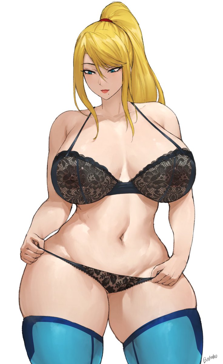1girls, artist request, blonde hair, breasts, female, large breasts, metroid, ponytail, samus aran, solo, solo female, thighhighs, underwear