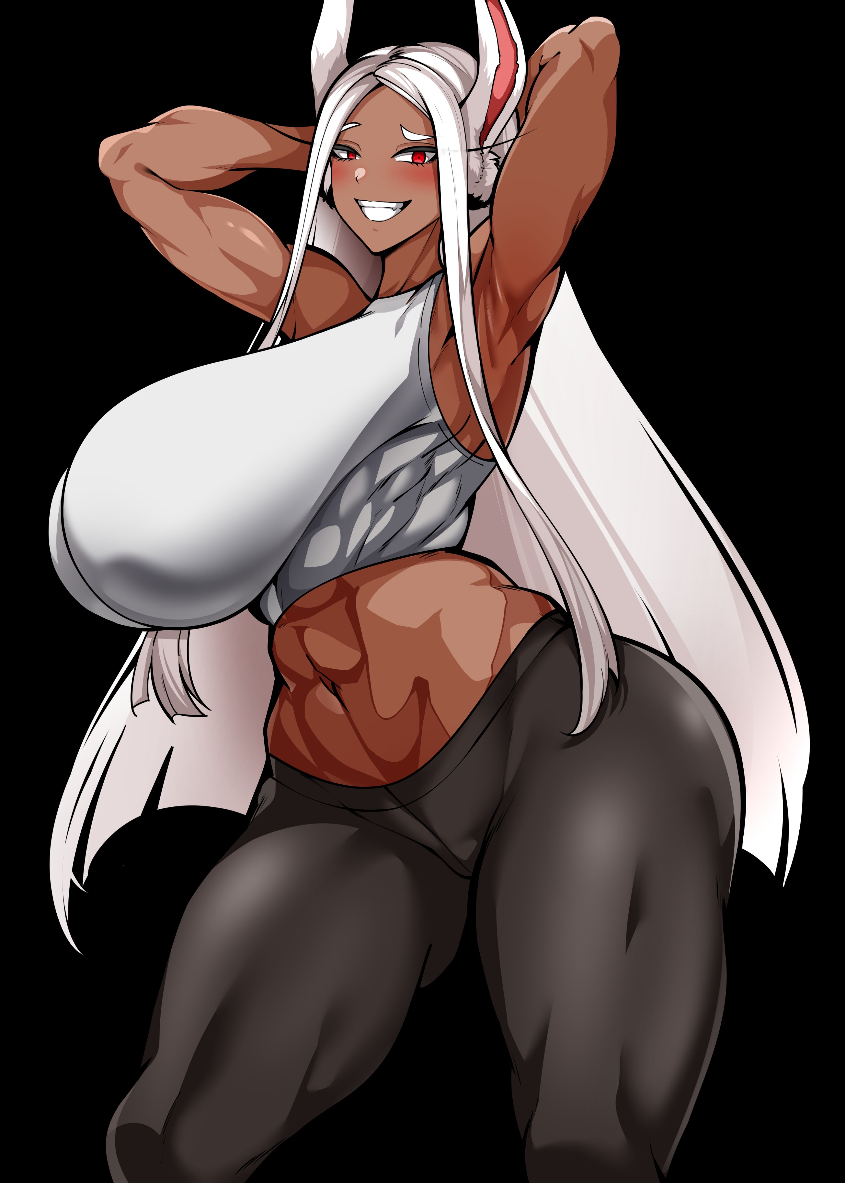 1girls, abs, breasts, dark skin, dark-skinned female, female, hi res, hips, huge breasts, long hair, miruko, my hero academia, owner (artist), rabbit ears, red eyes, rumi usagiyama, sportswear, thick thighs, thighs, white hair, wide hips