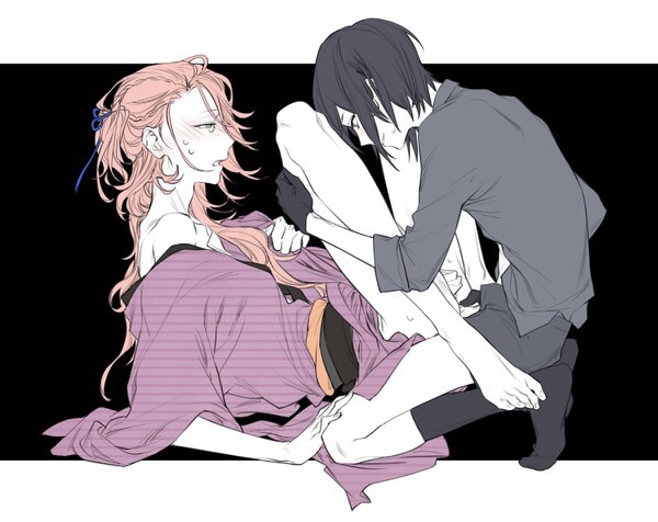 2boys crying gay pink_hair receiving_on_back souza_samonji touken_ranbu yagen_toushirou yaoi