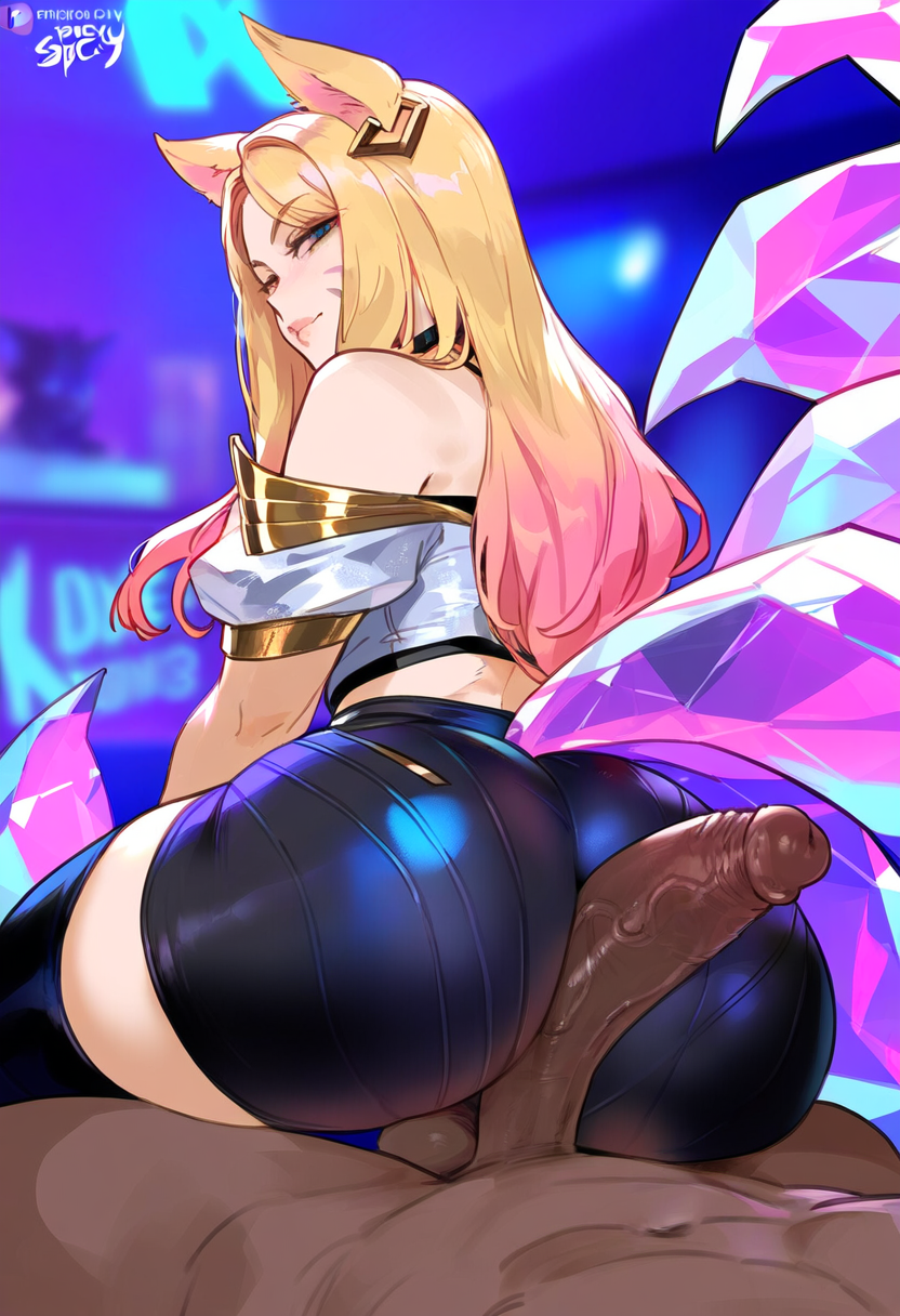 ahri, ai generated, ass, assjob, big penis, blonde hair, buttjob, dark skin, dark-skinned male, female, justgens, k/da ahri, league of legends, male, penis
