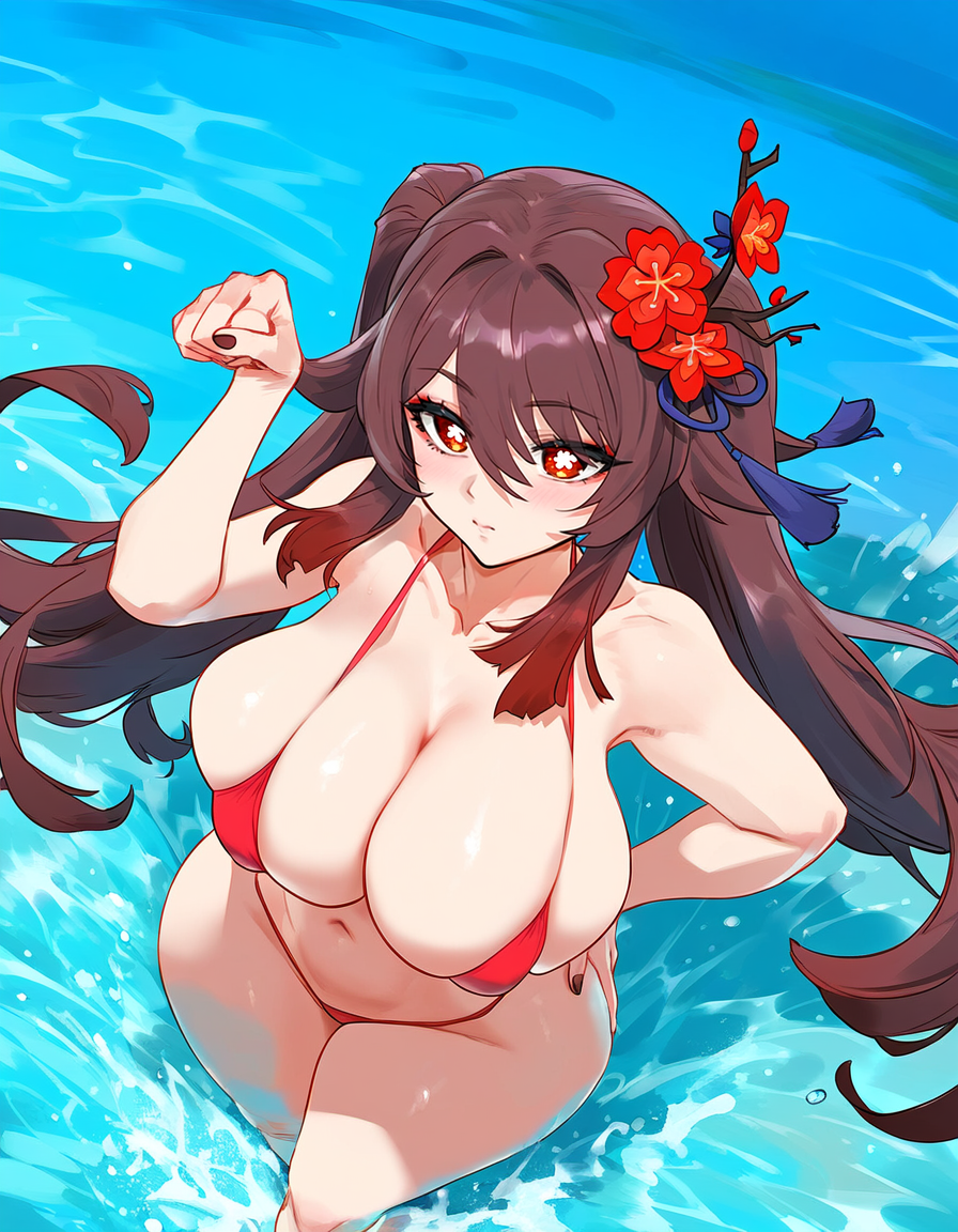 1girls, ai generated, arms up, ass, breasts, brown hair, curvaceous, curvy body, curvy female, curvy figure, curvy thighs, female, genshin impact, hu tao (genshin impact), huge breasts, long hair, plump, plump breasts, plump thighs, red bikini, red eyes, sling bikini, solo, symbol-shaped pupils, thick, thick hips, thick legs, thick thighs, twintails, water, wide hips