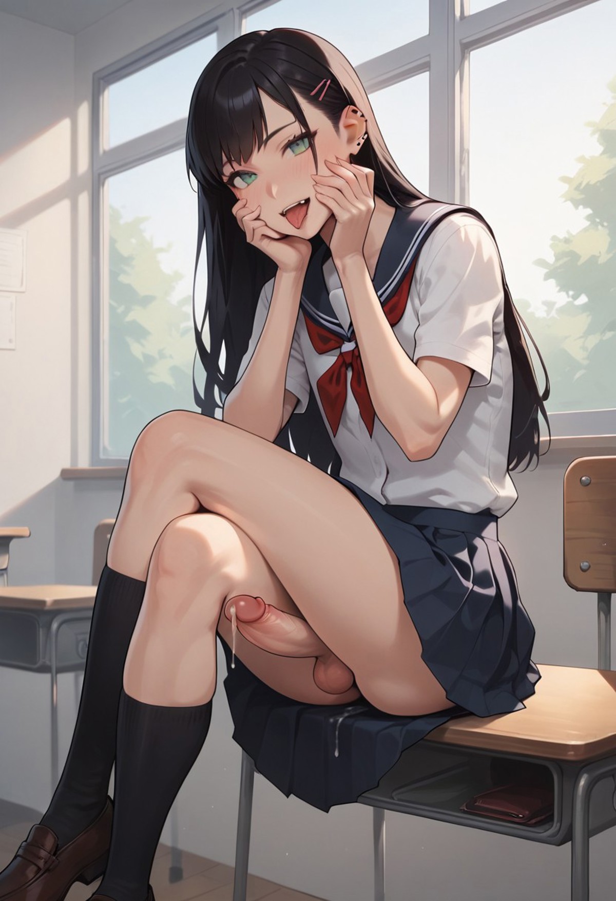 1femboy, ahe gao, ai generated, balls, classroom, crossdressing, crossed legs, cum, cum drip, cum dripping from penis, dark cultist, desk, erect penis, erection, femboy, femboy only, girly, hands on own face, indoors, long hair, looking at viewer, male, male only, open mouth, otoko no ko, penis, penis out, pleated skirt, school uniform, self upload, shirt, shoes, short sleeves, sitting, sitting on desk, skirt, smile, socks, solo, tongue, tongue out, window