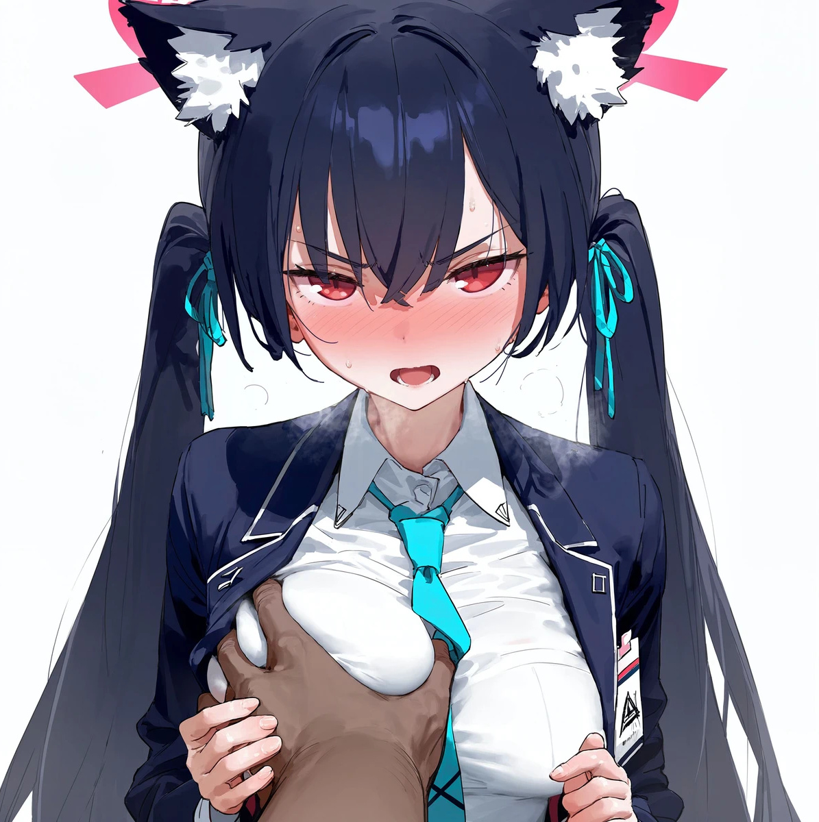 1boy, 1girls, ai generated, angry, black hair, blue archive, blush, breast grab, breasts, cat tail, dark skin, dark-skinned male, embarrassed, female, hair ribbon, huge breasts, interracial, large breasts, light skin, light-skinned female, looking at viewer, male, red eyes, school uniform, schoolgirl, serika (blue archive), twintails, uncle illustration