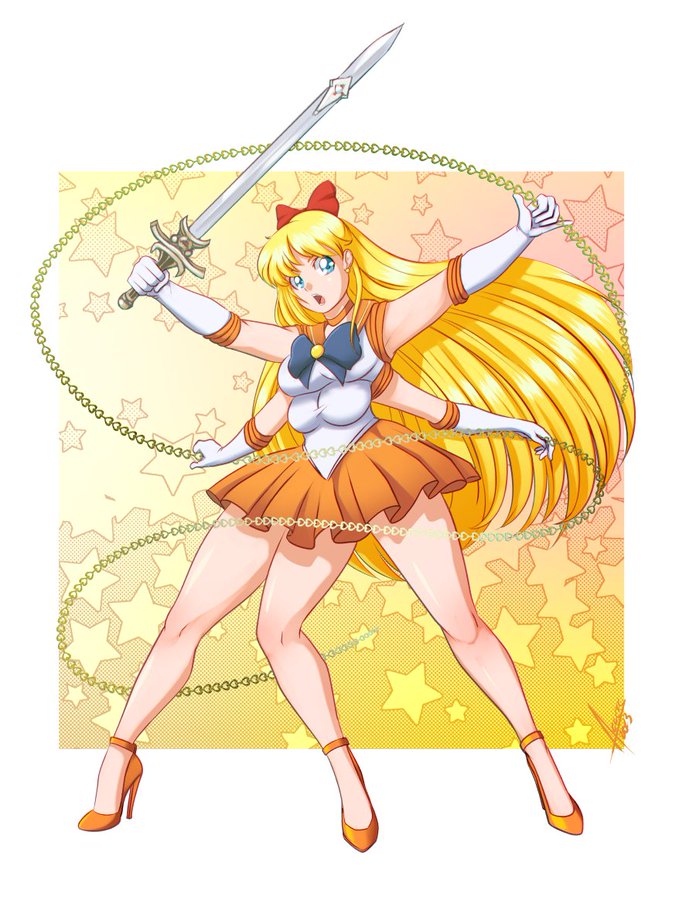 3_legs 4_arms 4_breasts accessworld bare_legs bishoujo_senshi_sailor_moon blonde_hair blue_eyes bow clothing elbow_gloves high_heels light-skinned_female long_hair minako_aino miniskirt multi_arm multi_breast multi_leg multi_limb sailor_venus skirt sword