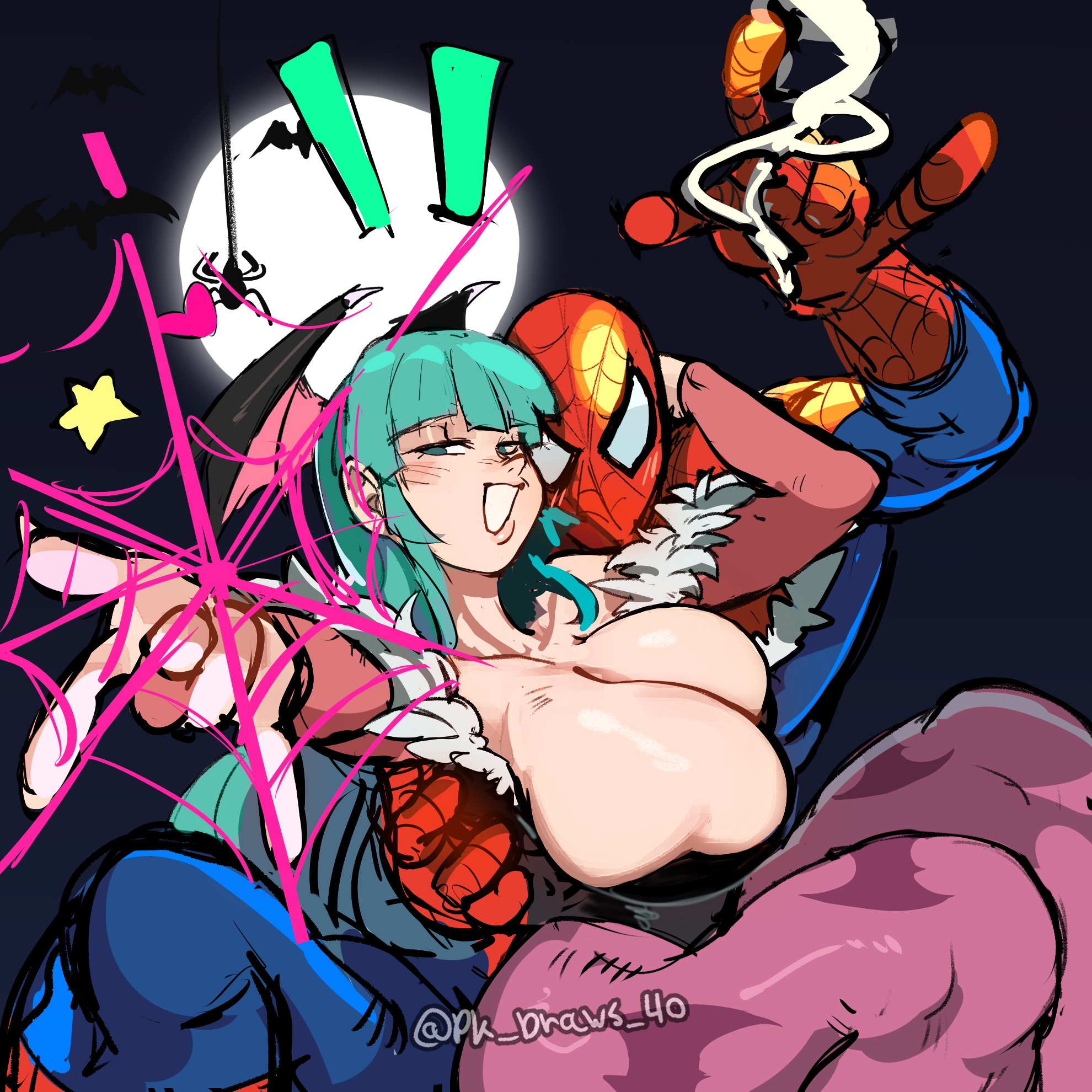 1boy, 1girls, ass, big ass, big breasts, breasts, bust, busty, capcom, crossover, curvaceous, curvy, curvy figure, darkstalkers, demon, digital media (artwork), eastern and western character, female, female focus, hero, hips, hourglass figure, huge ass, huge breasts, humanoid, large ass, large breasts, legs, light skin, light-skinned female, light-skinned male, male, male/female, marvel, marvel comics, marvel vs. capcom, mature, mature female, mature male, morrigan aensland, peter parker, pk draws 40, slim waist, spider-man, spider-man (series), straight, succubus, superhero, thick, thick hips, thick legs, thick thighs, thighs, top heavy, voluptuous, waist, wide hips