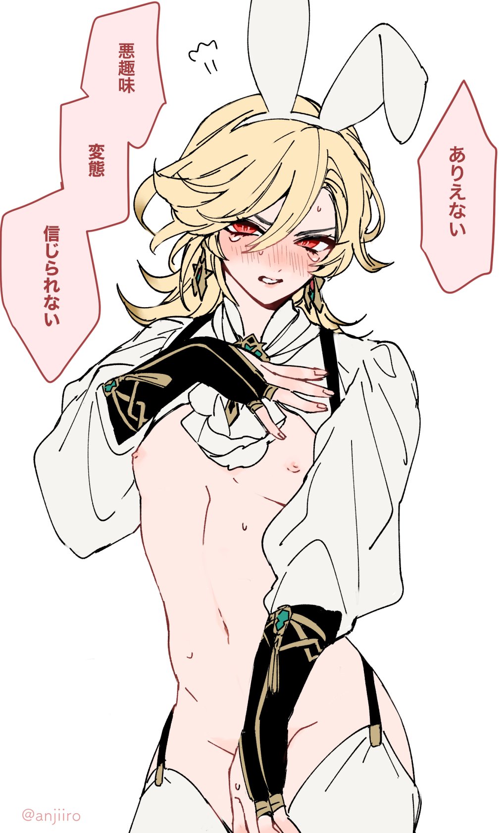 belly button, blonde hair, blush, blush lines, bunny ears, crying with eyes open, embarrassed, exposed nipples, exposed torso, femboy, gay, genshin impact, kaveh (genshin impact), male, male focus, male only, nipples, red eyes, solo focus, solo male, stockings, sweat, sweatdrop, tears, tummy, twink, yaoi