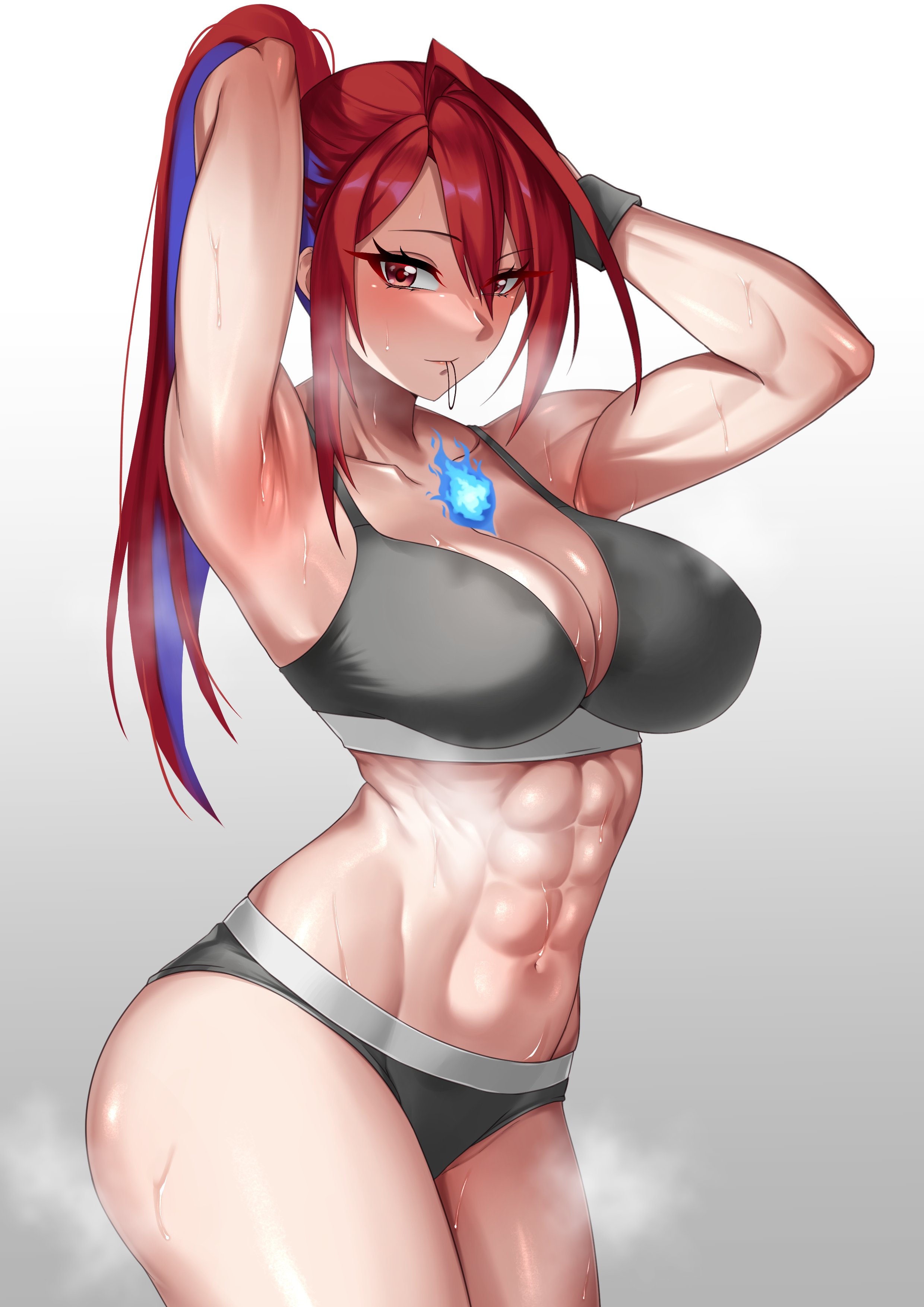 abs, ahoge, armpits, arms behind head, ass, big ass, big breasts, big butt, breasts, buff, drunktatsu, elizabeth rose bloodflame, female, hololive, hololive english, hololive english -justice-, hololive justice, large breasts, muscular, muscular female, ponytail, red eyes, red hair, sports bra, sports panties, sweat, sweatdrop, sweating, tagme, two-tone hair, virtual youtuber