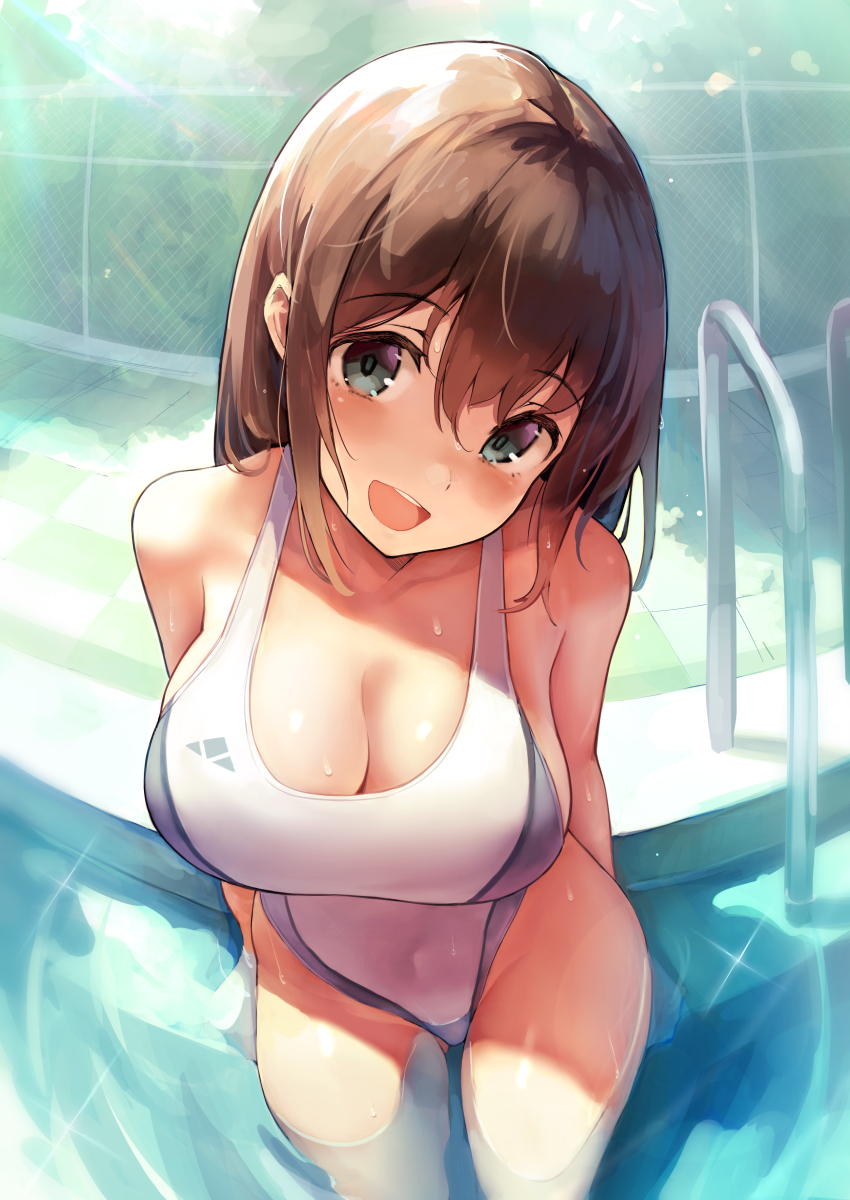 1girl 1girls belly_button belly_button_visible_through_clothing big_breasts blush blushing breasts female female_focus female_only highleg highleg_swimsuit kekemotsu looking_at_viewer medium_hair nikuzume one-piece_swimsuit open_mouth pool sweat sweating swimsuit water wet