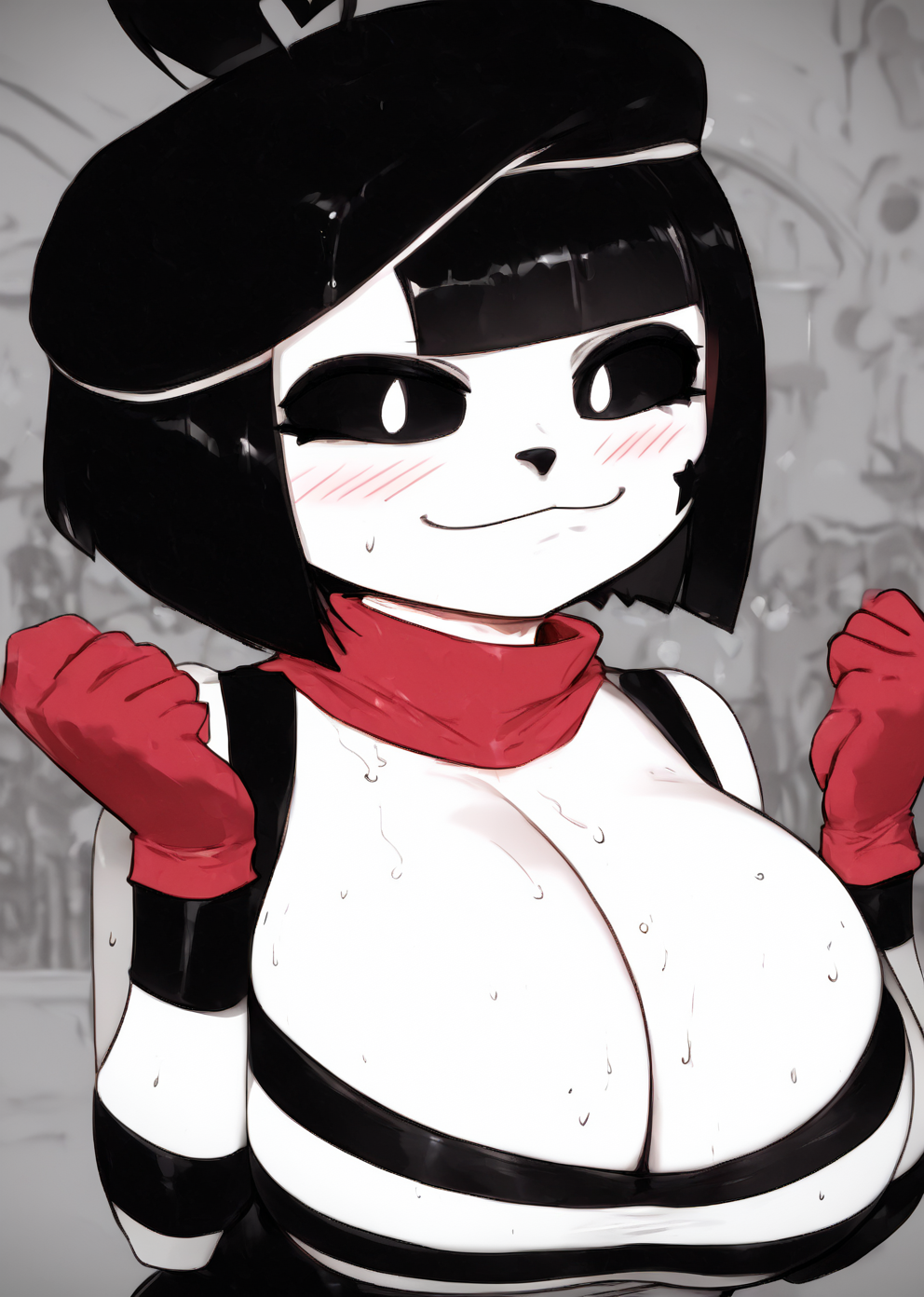 ai_generated areolae barrette big_breasts breasts breasts_bigger_than_head chuchu chuchu_(derpixon) cleavage gigantic_breasts girl hi_res high_resolution highres hollowbeak huge_breasts mime mime_girl mime_makeup nipples striped_clothing tagme white_skin