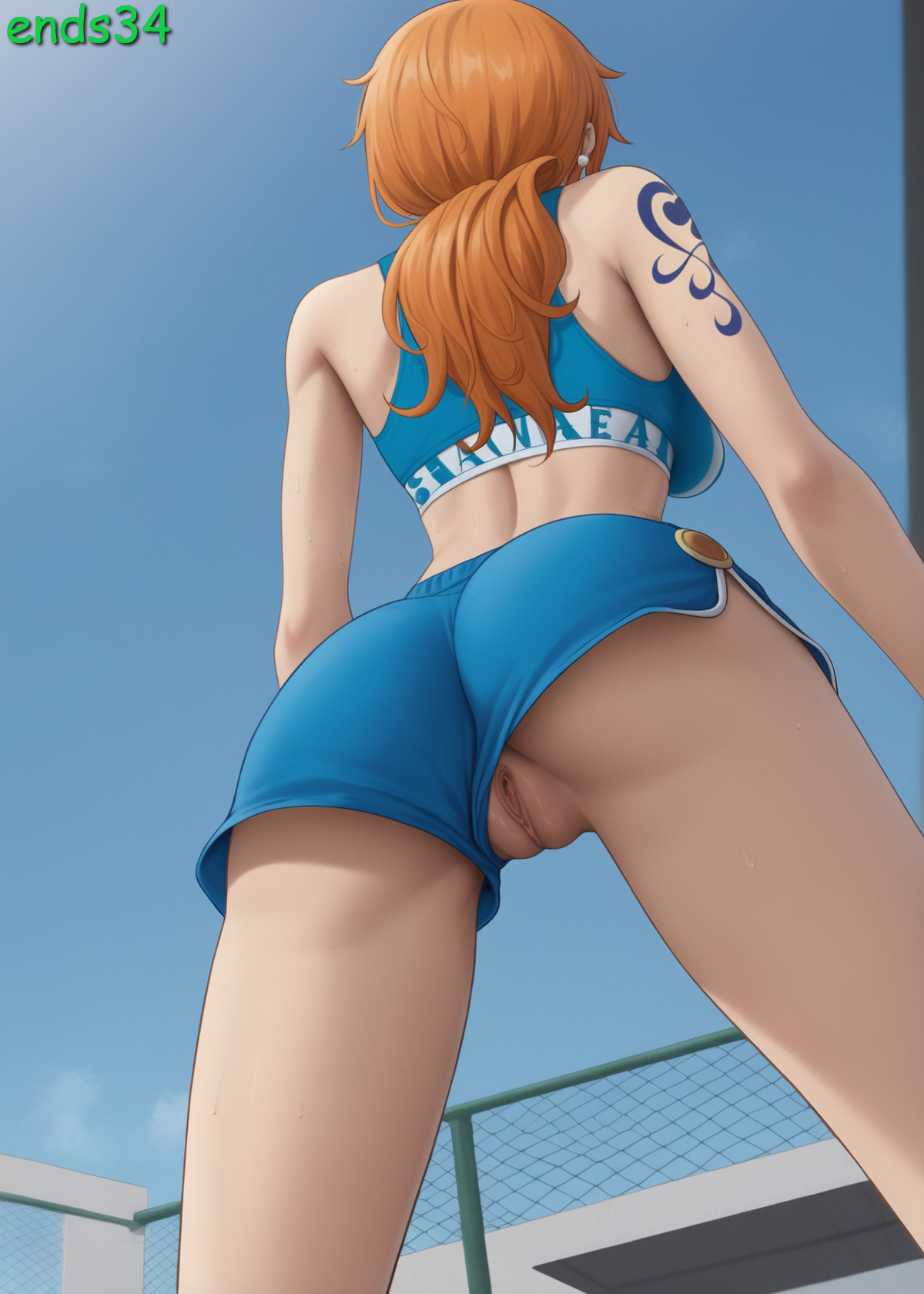 ai generated, ends34, female, female only, gym uniform, long hair, nami (one piece), one piece, orange hair, pussy, shorts, sports bra, sports uniform