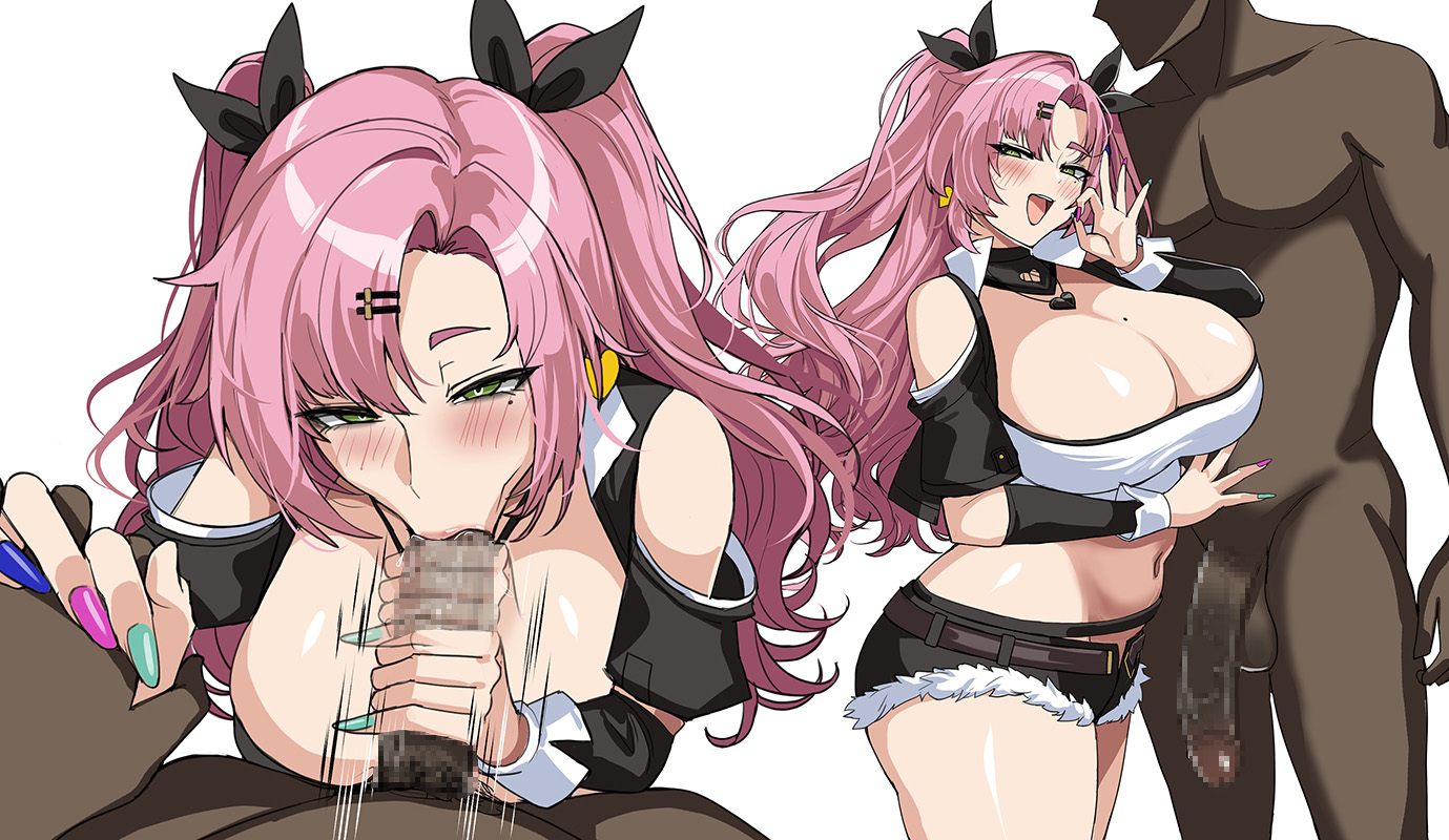 1boy, 1girls, blowjob, breasts, censored, cleavage, dark skin, dark-skinned male, drogod (artist), faceless male, female, green eyes, hips, huge breasts, interracial, large breasts, light skin, light-skinned female, long hair, male, mosaic censoring, nicole demara, pink hair, thick thighs, thighs, twintails, wide hips, zenless zone zero