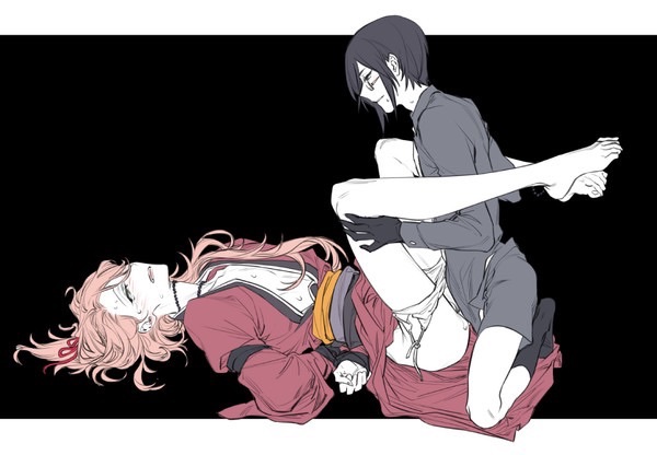 2boys bondage gay male pink_hair receiving_on_back sex souza_samonji touken_ranbu yagen_toushirou yaoi