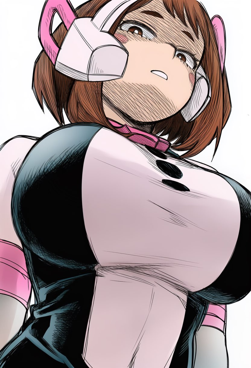 1girls, ai generated, big breasts, bodysuit, breasts, brown eyes, brown hair, brown-haired female, huge breasts, large breasts, my hero academia, ochako uraraka, teenager, underboob