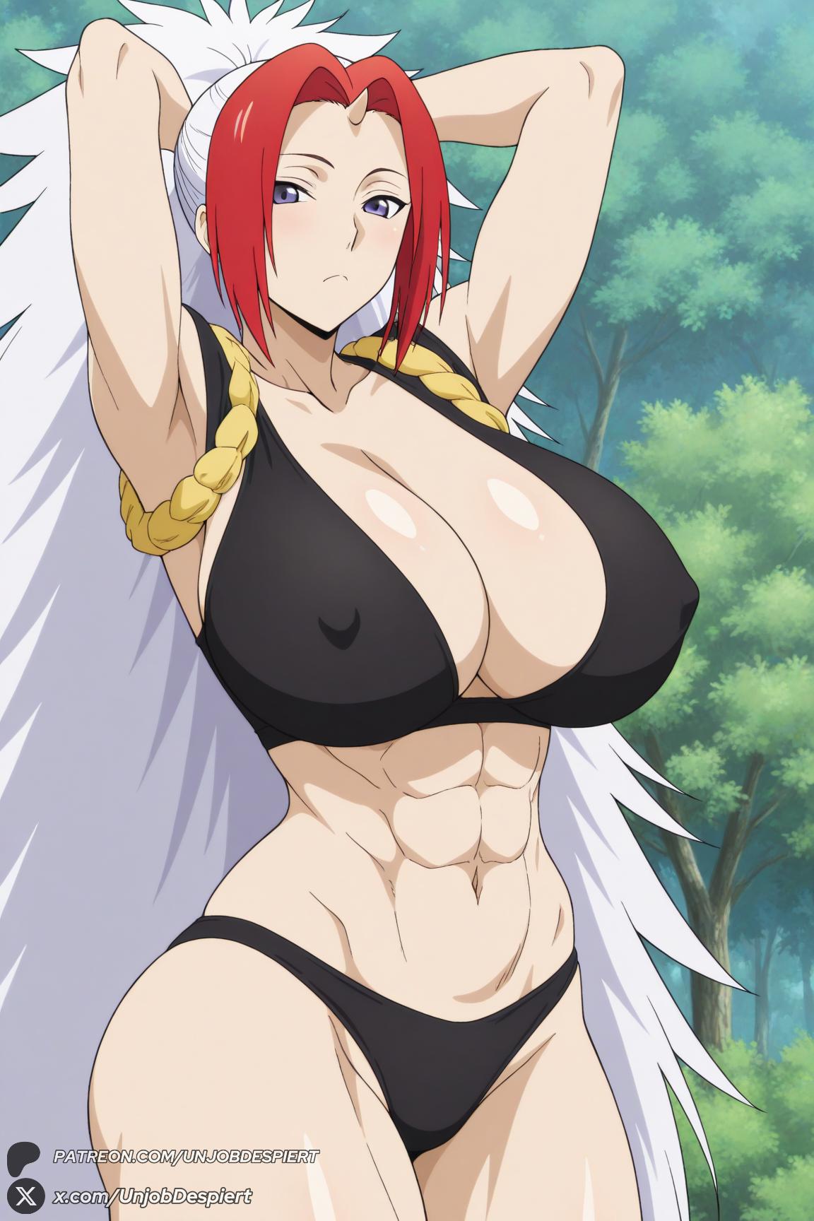 1female, 1girl, 1girls, 2026, abs, ai generated, armpits, arms behind head, arms up, artist name, bangs, big ass, big breasts, black panties, blush, breasts, cleavage, closed mouth, collarbone, covered nipples, curvy, female, female only, forest, hi res, high quality, high resolution, highres, horns, huge ass, huge breasts, large breasts, left (yomi no tsugai), long hair, looking at viewer, multicolored hair, muscular, muscular female, navel, outdoors, panties, patreon, patreon username, ponytail, purple eyes, red hair, rope, single horn, solo, thighs, tree, two-tone hair, underwear, unjobdespiert, watermark, web address, white hair, yomi no tsugai