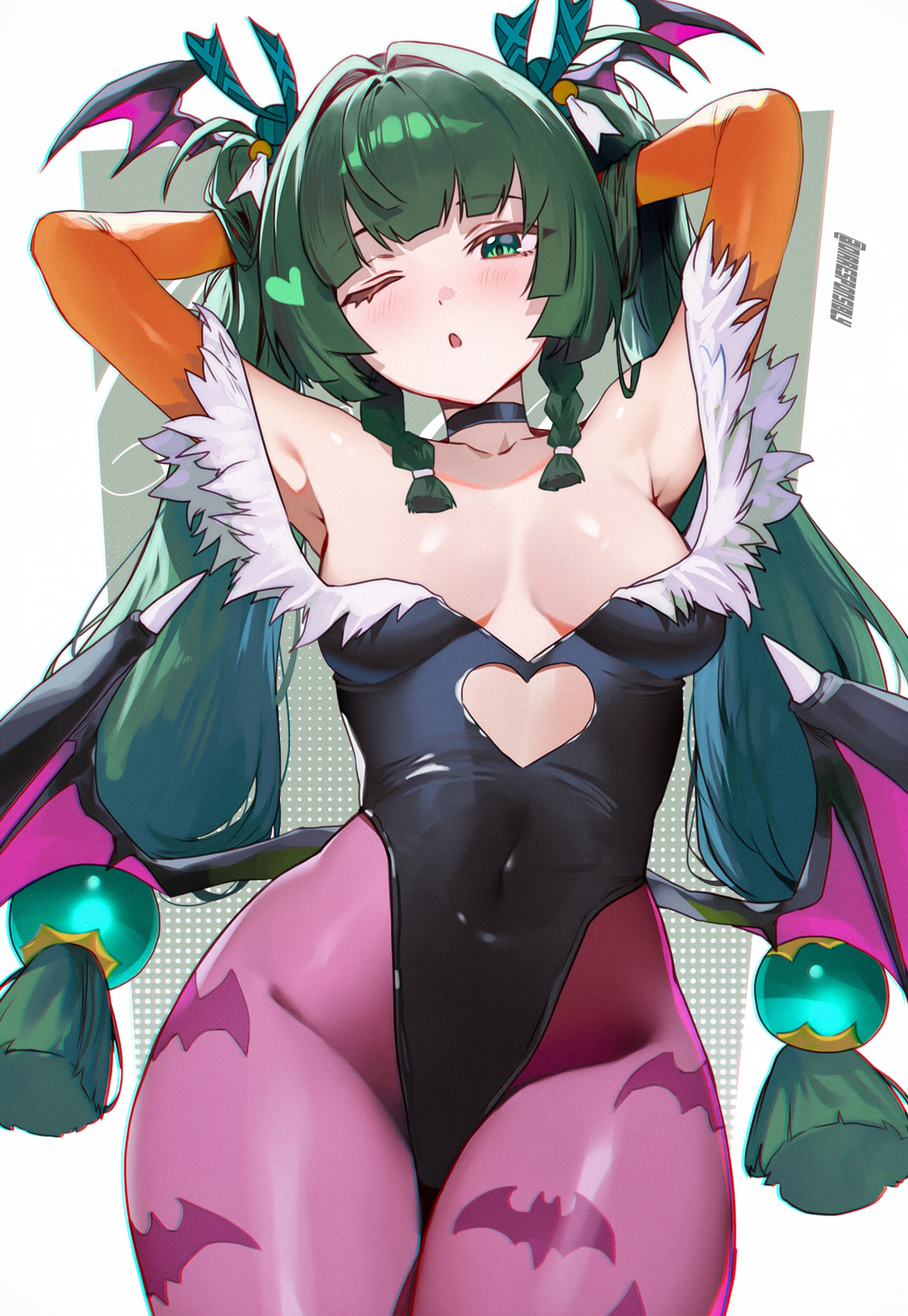 1girl, absurdres, ai generated, artist name, breasts, commentary, cosplay, darkstalkers, dirresponsibly, english commentary, green eyes, green hair, heart, highres, morrigan aensland, morrigan aensland (cosplay), pantyhose, qingyi (zenless zone zero), simple background, small breasts, solo, twitter username, zenless zone zero