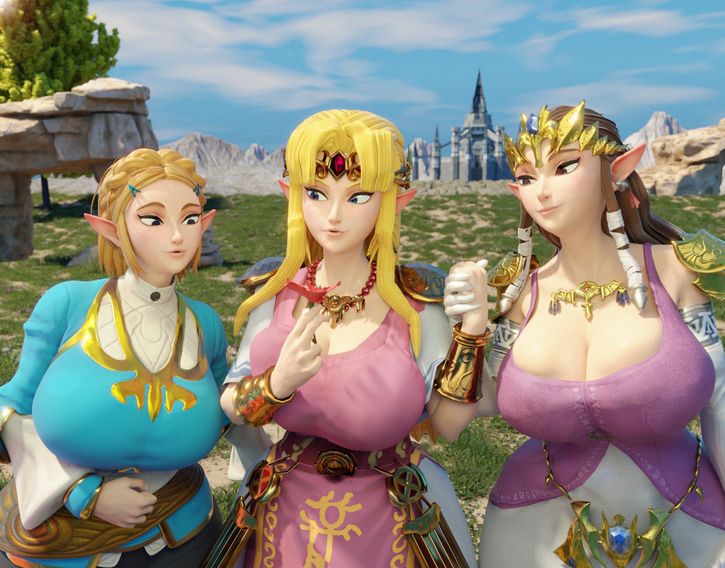3d, 3d (artwork), 3girls, a link between worlds, alternate version available, barely contained, barely contained breasts, big breasts, blonde hair, blue eyes, bracelet, breasts, brown hair, castle, elf, elf ears, elf female, female, female focus, female only, gauntlets, giant breasts, gold (metal), gold jewelry, grass, huckleberry8181, huge breasts, large breasts, long hair, looking at another, nintendo, princess zelda, princess zelda (scrag boy), scrag boy (model), scrag boy (style), shorts, square crossover, tears of the kingdom, the legend of zelda, tight clothes, tight clothing, tight dress, twilight princess, white skin, white skinned female, yellow hair, zelda (a link between worlds), zelda (tears of the kingdom), zelda (twilight princess)