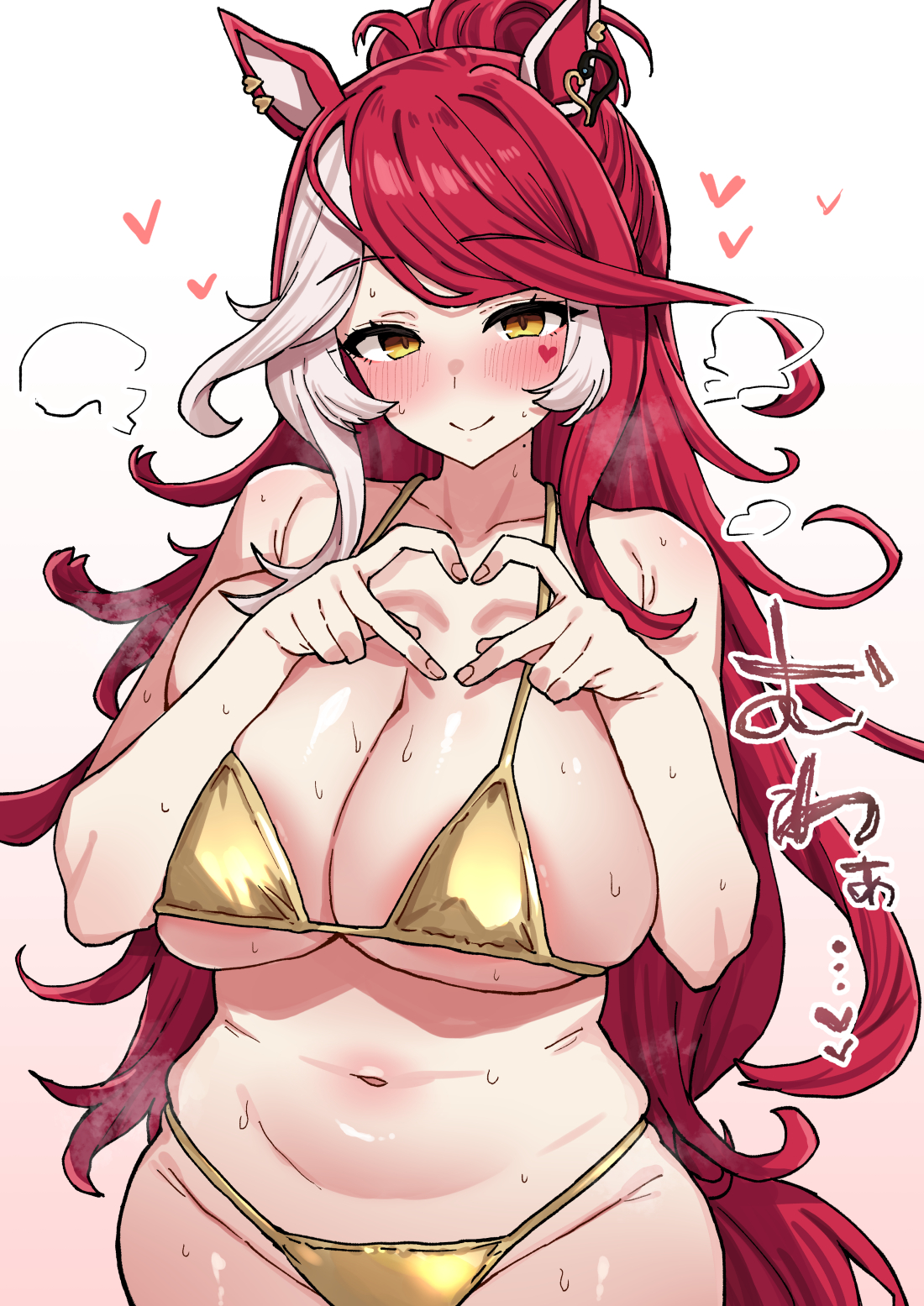 1girls, bikini, blush, earrings, female, hair bun, hands up, heart, heart hands, horse ears, horse girl, horse tail, japanese text, long hair, loves only you (umamusume), makeup, mole, mole on neck, red hair, shimiya (aokuchi), solo, solo female, sweat, tail, two-tone hair, umamusume, white hair, yellow bikini, yellow eyes