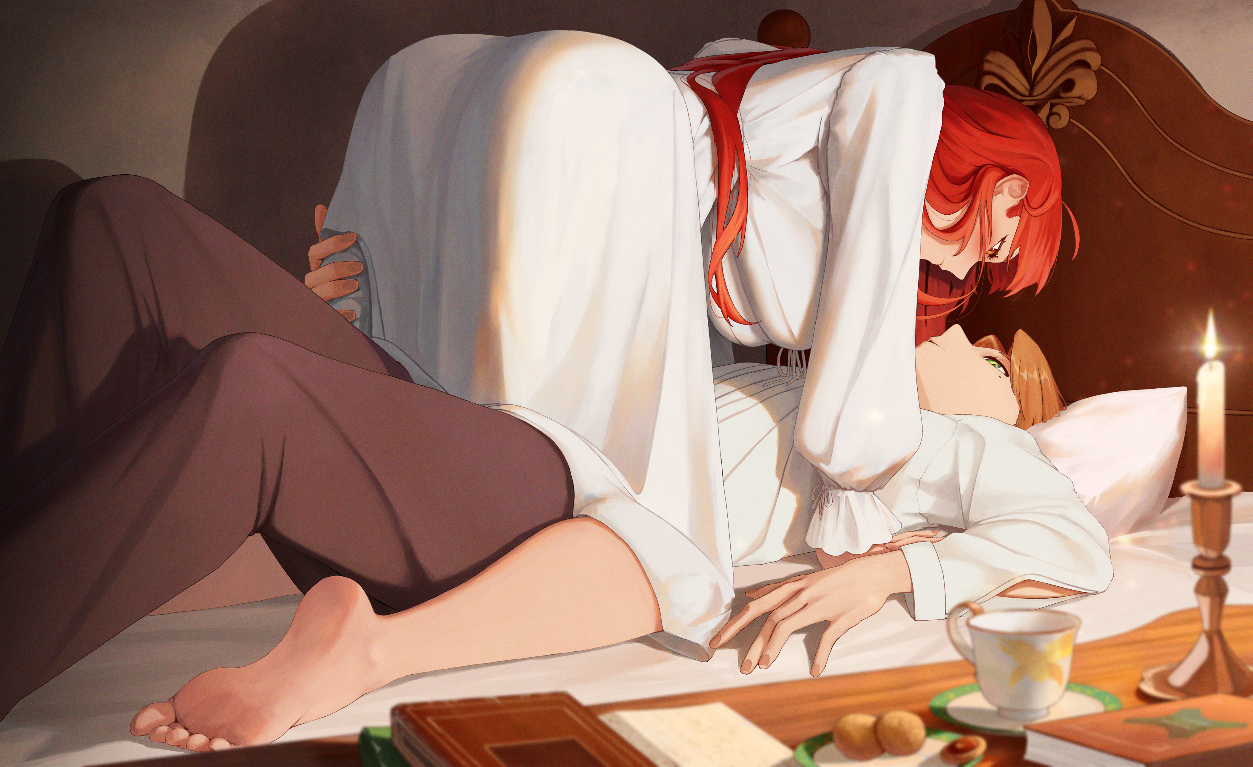1boy, 1girls, absurd res, aqwariate, barefoot, bed, bedroom, candle, canonical scene, couple, cousins, cup, dress, eris greyrat, feet, female, girl on top, hanging breasts, highres, indoors, large breasts, male, more, mushoku tensei, pants, pillow, rudeus greyrat, sensual, soles, white dress