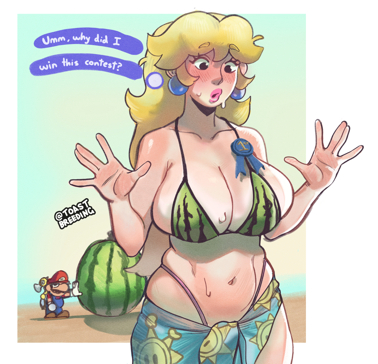 1boy, 1girls, artist name, bikini, bikini top, blonde hair, breasts, cleavage, clothed, clothed female, clothed male, earrings, english text, exposed hips, eyebrows visible through hair, female, female focus, fludd, hip cleavage, hip cutout, human, light skin, light-skinned female, light-skinned male, long hair, male, mario, mario (series), navel, nintendo, princess peach, solo focus, super mario sunshine, swimsuit, text, toastbreeding