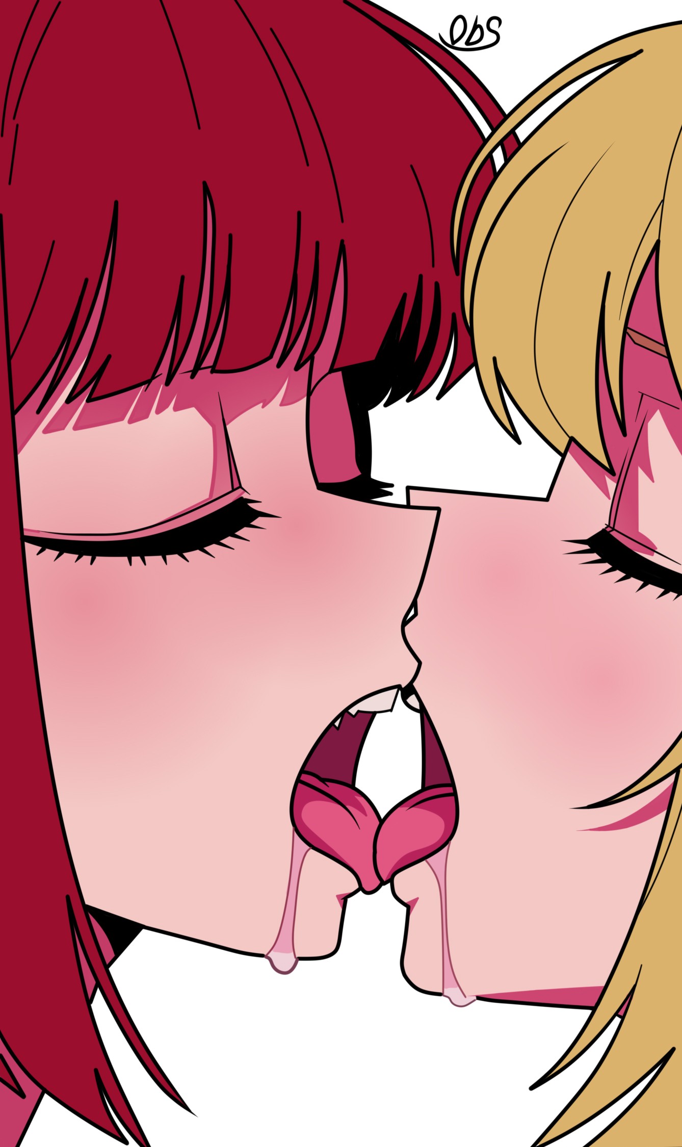 2girls, arima kana, blonde hair, blush, closed eyes, girls kissing, hoshino ruby, kissing, lesbian, lesbian kiss, oshi no ko, red hair, saliva, tongue kiss, tongue out