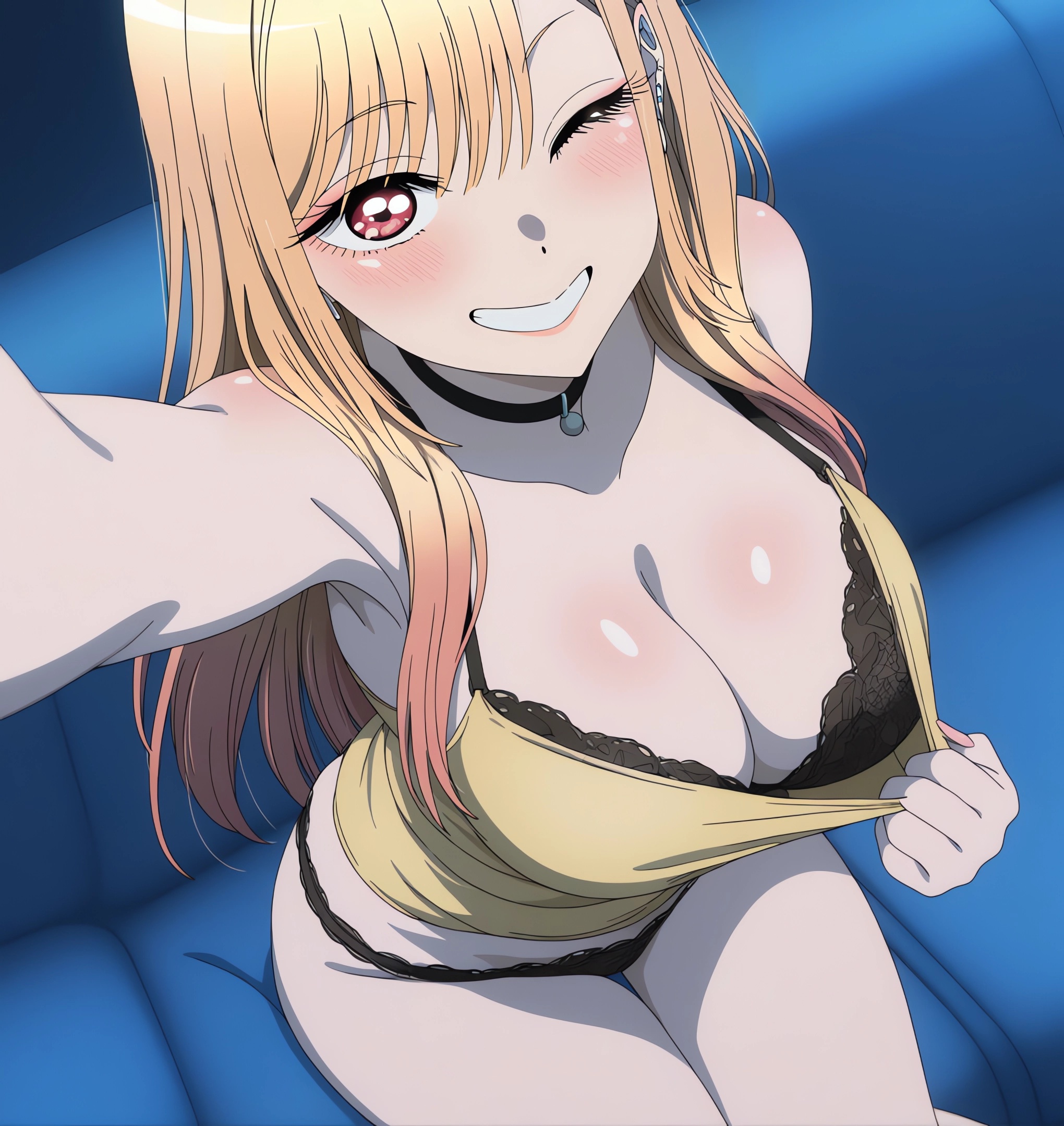 ai generated, black bra, black panties, couch, kitagawa marin, long hair, neckline, one eye closed, pijama, protopotato, selfie, sitting, sitting on couch, smiley face, sono bisque doll wa koi wo suru, tank top