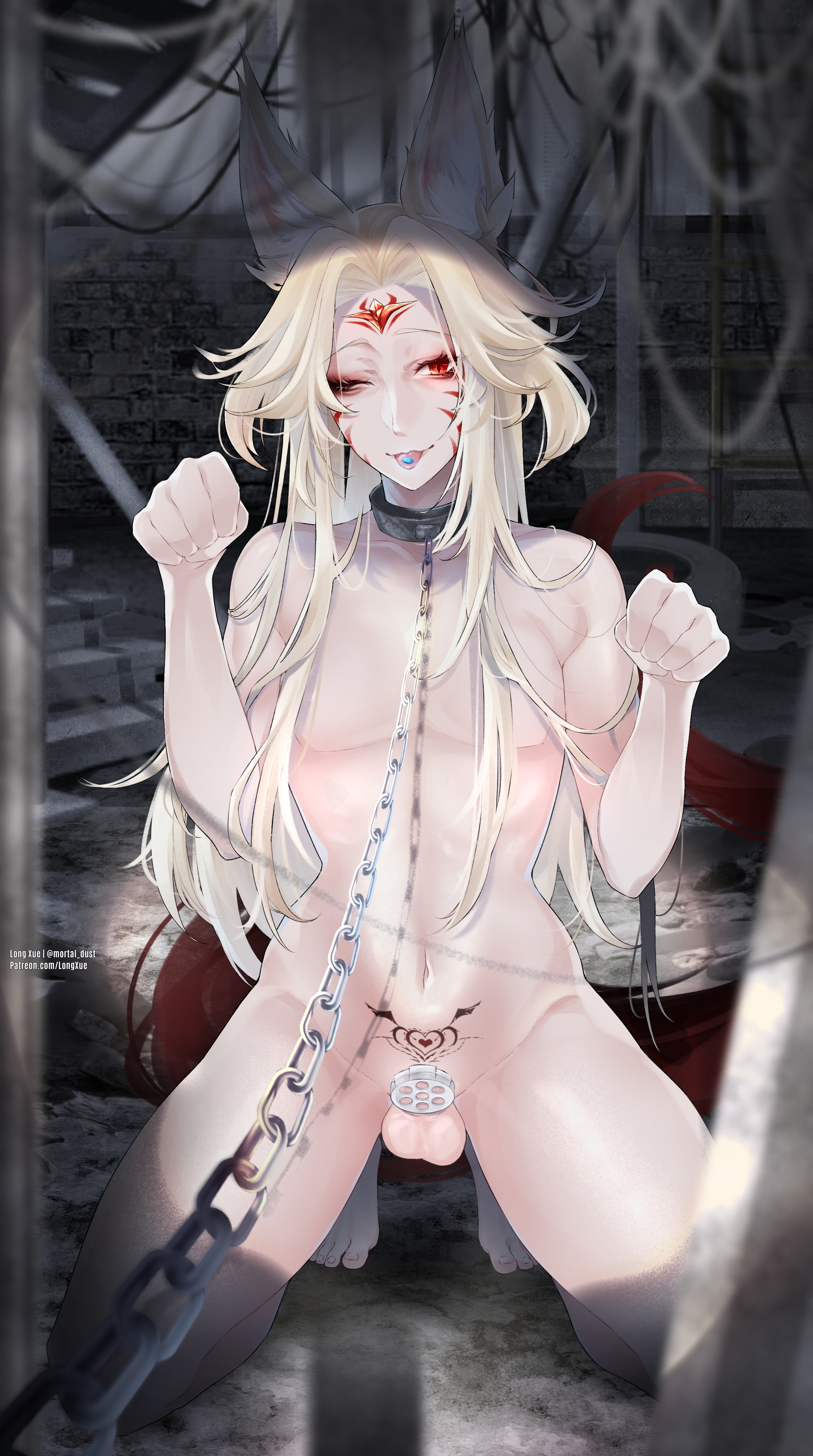 1boy, abandoned, abandoned building, ahri, animal ears, blonde hair, chastity cage, collar, cum, cum in mouth, cum on face, cum shot, domination, exposed breasts, femboy, flat chastity cage, fox boy, fox tail, hall of legends, humanoid, humiliated, humiliation, immortalized legend ahri, kemonomimi, league of legends, light skin, light-skinned male, long hair, long xue, male, male ahri, male only, metal collar, multiple tails, naked, nude, official alternate costume, penis, pubic tattoo, rule 63, silver hair, slave, small penis, small penis humiliation, solo, tail, trap, very long hair