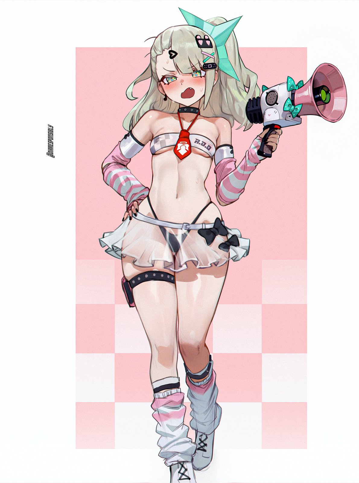 1girl ai_generated angels_of_delusion argyle argyle_background argyle_legwear bikini blush breasts checkered checkered_background chess_piece criss-cross_halter detached_sleeves dirresponsibly fang green_eyes green_hair hair_ornament handgun highleg_panties holding holding_gun long_hair navel open_mouth race_queen see-through_clothing skirt small_breasts solo sunna_(zenless_zone_zero) tagme thighhighs zenless_zone_zero