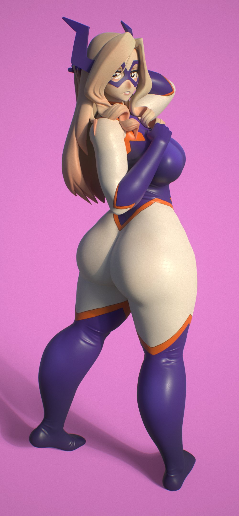 1girls 3d blonde_hair bodysuit costume domino_mask hand_in_hair hand_on_breast hero_outfit_(mha) huge_ass large_breasts looking_back milf mount_lady my_hero_academia purple_background standing tagme thick_legs thick_thighs thin_waist tight_clothing usukeninja voluptuous wide_hips yuu_takeyama