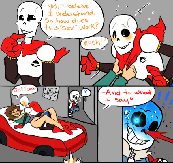 ! ? ?! animated_skeleton bed blush bone comic dialogue english_text female food frisk heart human imminent_sex ketchup male mammal nsfwshamecave papyrus sans skeleton sweat text undead undertale