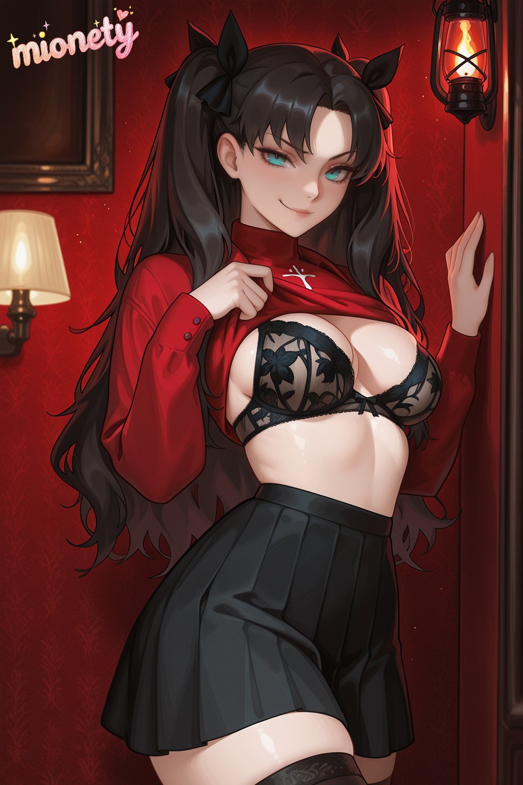 1girl against_wall ai_generated alternate_breast_size aqua_eyes artist_name black_bow black_bra black_hair black_ribbon black_skirt black_thighhighs blue_eyes blush bow bra breasts brown_hair candle candlelight character_name cleavage closed_mouth clothes_lift cowboy_shot fate/stay_night fate_(series) floral_print hair_bow hair_ribbon hands_up indoors lace_bra lamp lantern large_breasts lifting_own_clothes light_bulb lingerie lips long_hair long_sleeves looking_at_viewer medium_breasts miniskirt mionety parted_bangs pleated_skirt print_bra print_thighhighs red_shirt red_sweater ribbon shiny_skin shirt shirt_lift skindentation skirt smile solo standing sweater sweater_lift thighhighs thighs tohsaka_rin turtleneck turtleneck_sweater twintails twitter_strip_game_(meme) two_side_up underwear very_long_hair zettai_ryouiki