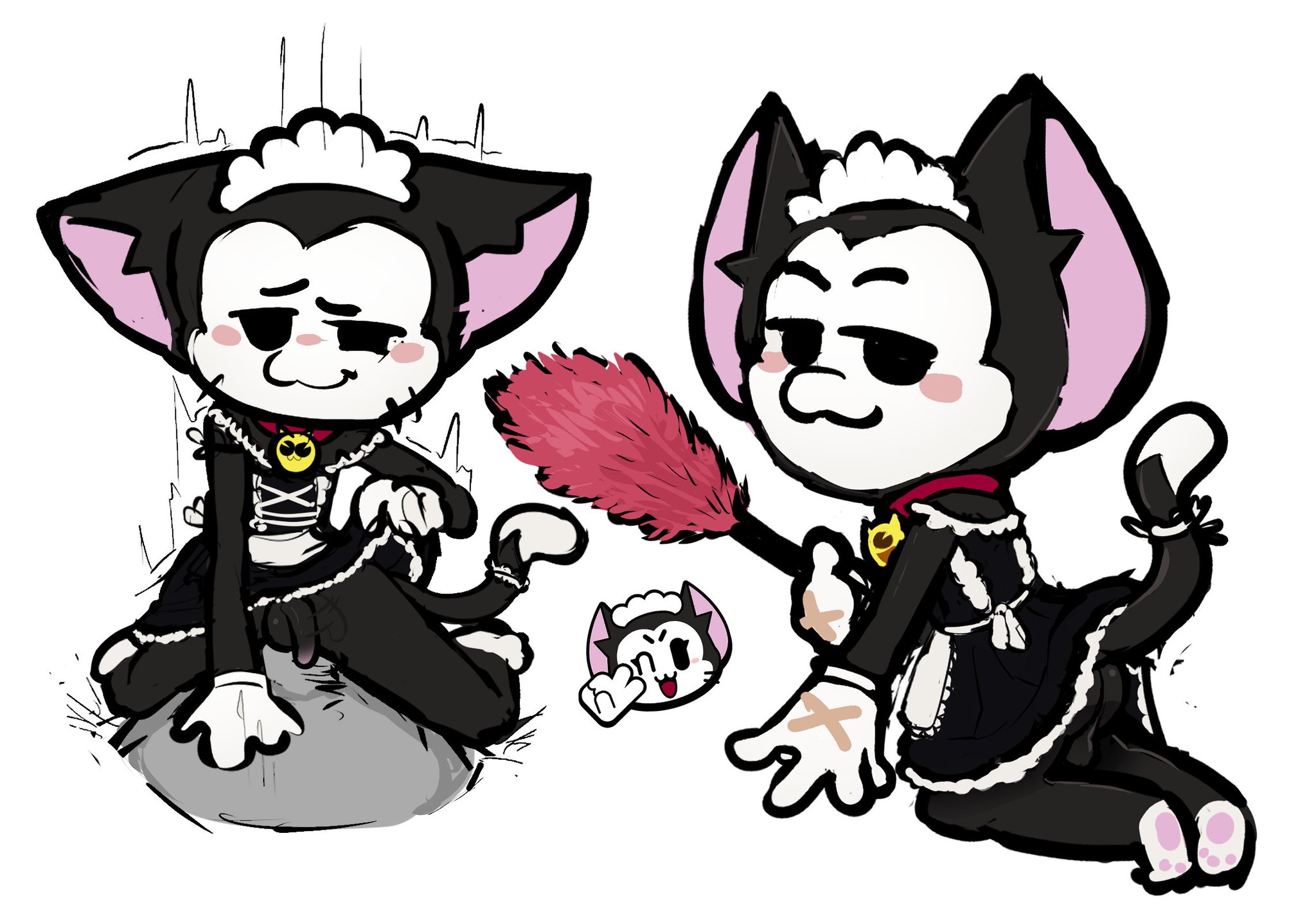 anal sex, anonymous male, blushing, bottomless, brawl stars, cat, coffeecuntz, feline, furry, kit (brawl stars), lifting skirt, maid, maid uniform, male only, ridding, tagme, white background