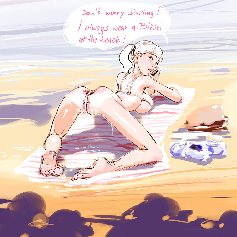 1girls, all fours, anus, arched back, ass, barefoot, beach, beach towel, bielegrafics, big breasts, breasts, cellphone, english text, female, female only, full body, gape behind thong, gaping, gaping anus, gaping pussy, human, looking at viewer, looking back, medium breasts, micro bikini, on the phone, outdoors, partially visible anus, partially visible vulva, pussy, pussy juice, pussy juice drip, skimpy, skinny, solo, speech bubble, talking on phone, tanline, thong, tiny bikini, twintails, white bikini, white hair