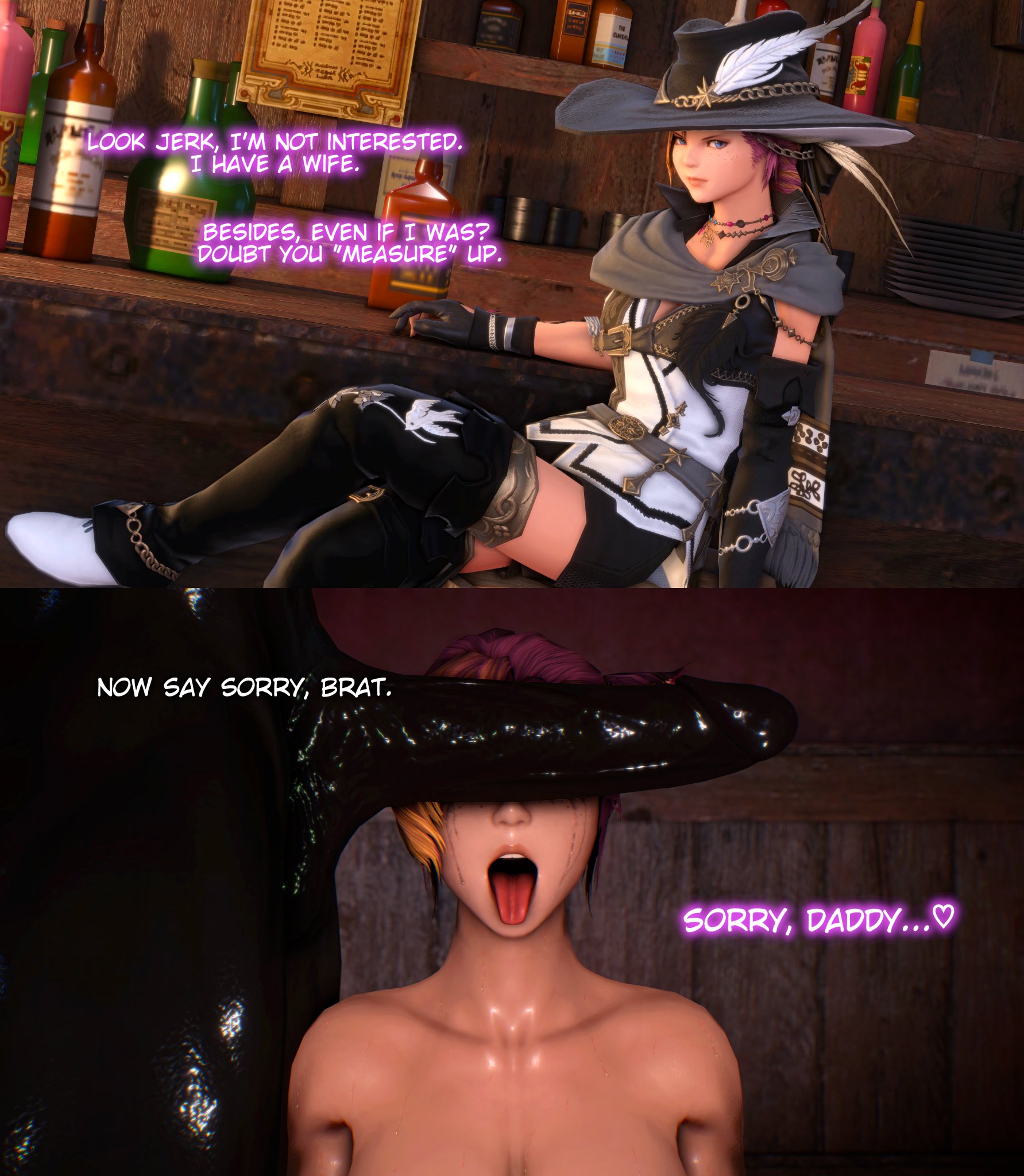 2koma, before and after, brat taming, bratty correction, bratty submissive, cant see the haters, cock in face, daddy, dark-skinned male, english, english text, female, final fantasy xiv, gpose (ffxiv), hidden eyes, instant loss, instant loss 2koma, lesbian conversion, miqo'te, naughtyrumi, nude, open mouth, penis awe, penis in front of face, penis on face, runny makeup, tagme, tongue out, turned submissive