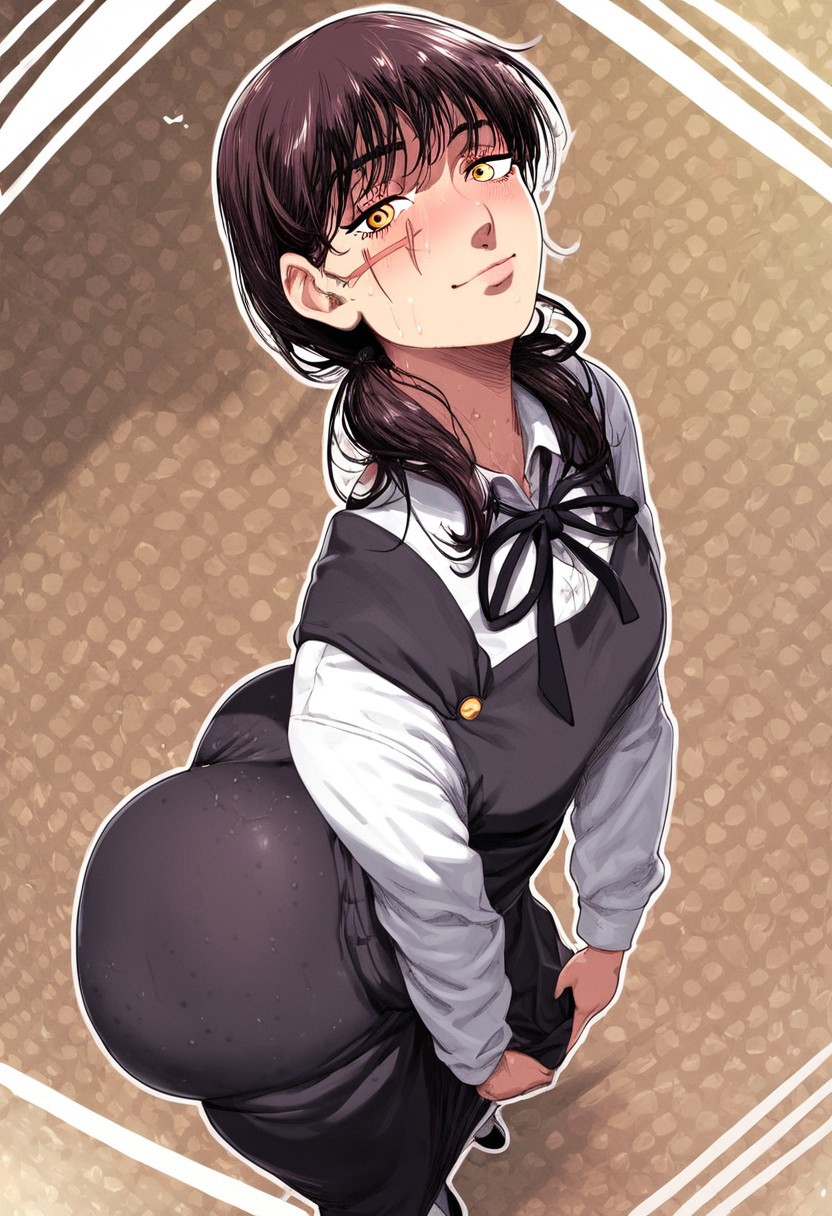 abstract background, ai generated, ass, ass focus, ass up, brown hair, bubble ass, bubble butt, butt, butt focus, chainsaw man, dress, dumptruck ass, dumptruck butt, fat ass, fat butt, female, female focus, female only, from above, huge ass, huge butt, jiggling ass, pinafore dress, scar, scar on face, school uniform, solo, solo female, solo focus, thick, thick ass, thick thighs, thigh, tight clothing, wobbling ass, yellow eyes, yoru (chainsaw man)