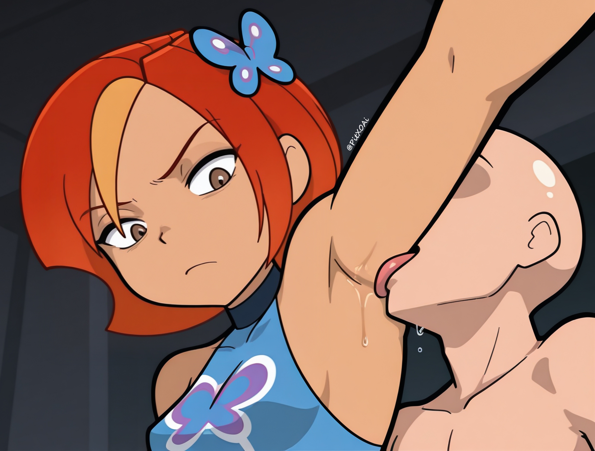 1boy, 1girls, ai generated, arm up, armpit fetish, armpit licking, armpits, brown eyes, butterfly (planetronika), dark-skinned female, eyeless male, hair ornament, hi res, licking armpit, looking down, pitxoai, planetronika, saliva, saliva drip, serious, sleeveless, turtleneck, watermark