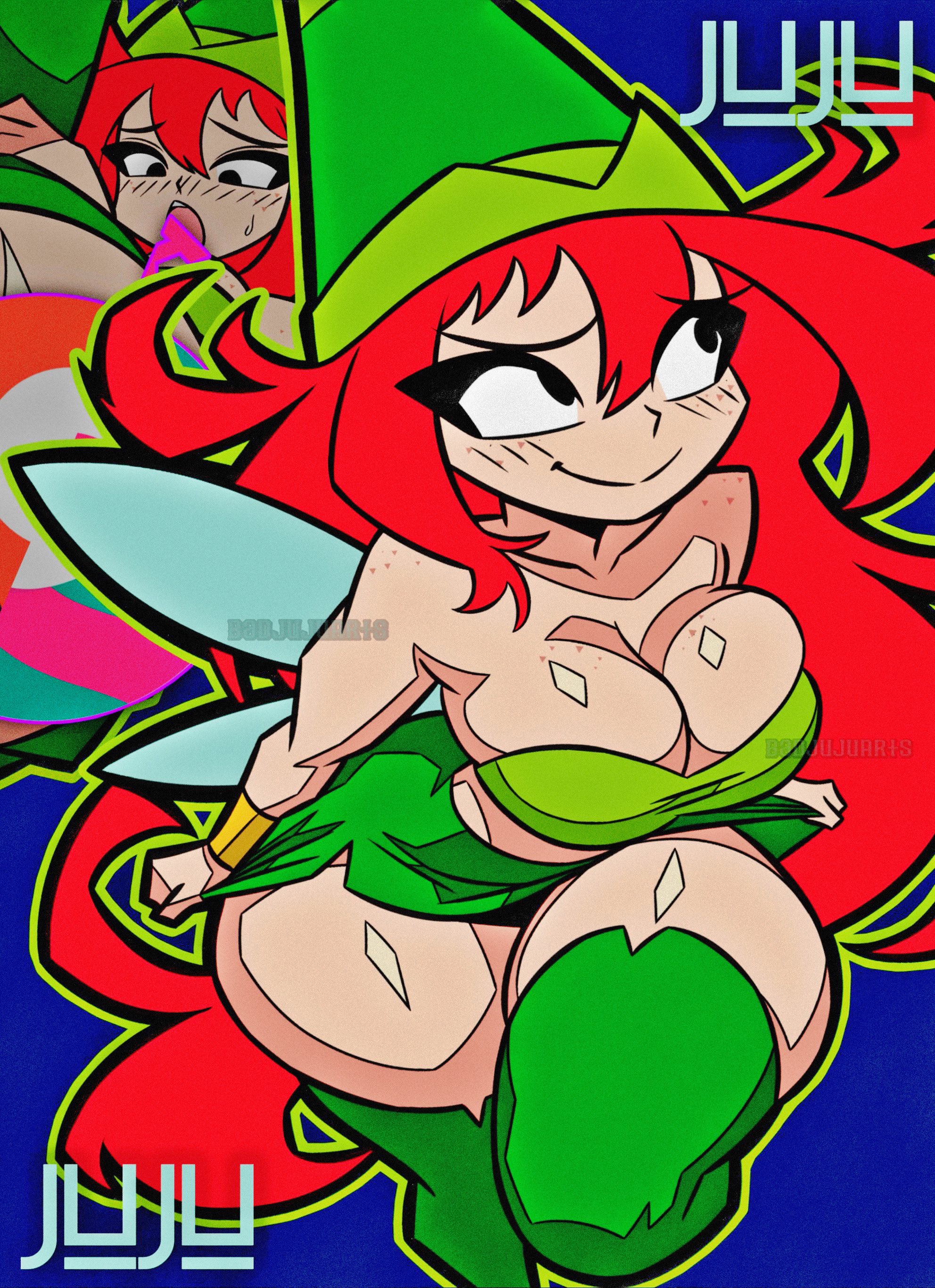 badjujuarts, betilla (rayman), breasts, censored, miniskirt, nymph (rayman), patreon censored, rayman (series), rayman origins, red hair, thick thighs, thighhighs, thighs