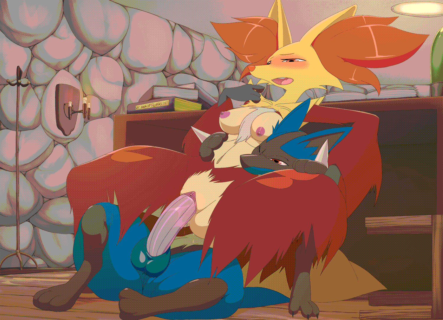 2016, animated, anthro, balls, blush, book, breasts, candle, canine, delphox, duo, female, female penetrated, fur, furry, furry only, lucario, male, male penetrating, male penetrating female, male/female, masterploxy, nintendo, nipples, penetration, penis, pokemon, pokemon (species), pussy, reverse cowgirl position, sex, short playtime, spikes, straight, table, tail, vaginal penetration, video games