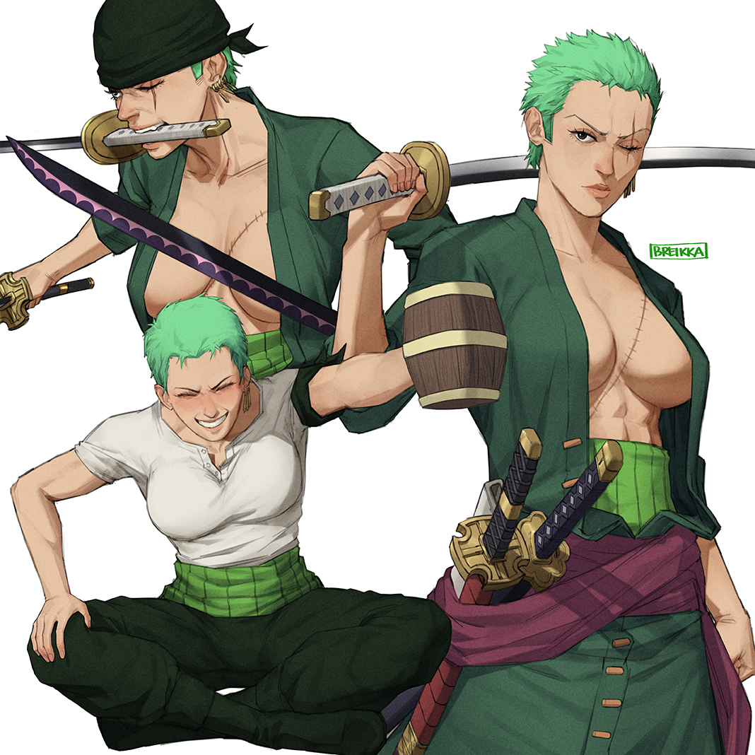 1girls, abs, big breasts, breasts, breikka, character sheet, cleavage, closed eye, female, female only, light skin, light-skinned female, muscular, muscular female, one piece, roronoa zoro, rule 63, short hair, shounen jump, very short hair