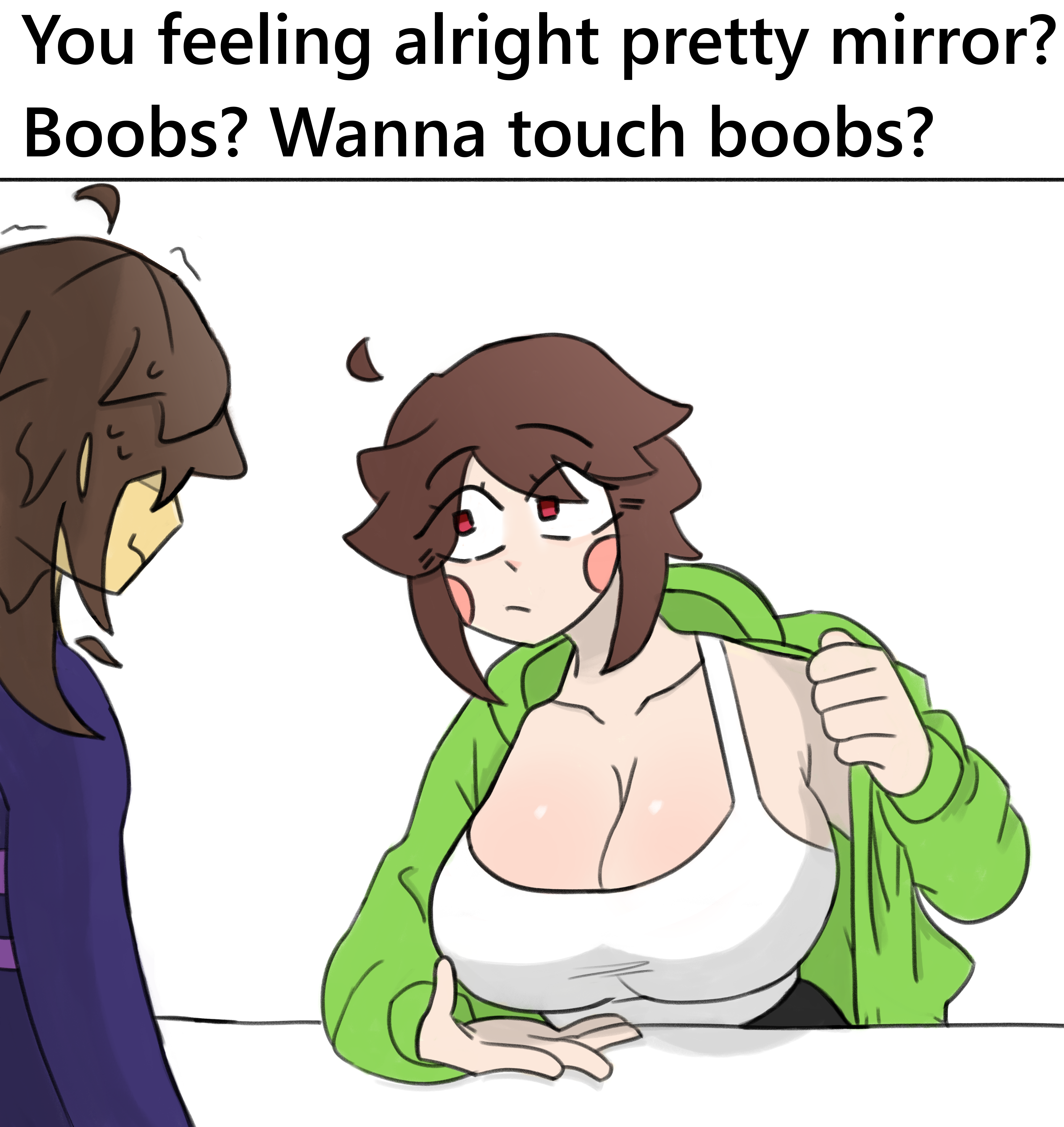artist request, boobs? wanna touch boobs?, chara, charisk, female chara, frisk, funny, large breasts, meme, pointing at breasts, storyshift, storyshift chara, storyshift frisk, text, traced, undertale, undertale (series), undertale fanfiction