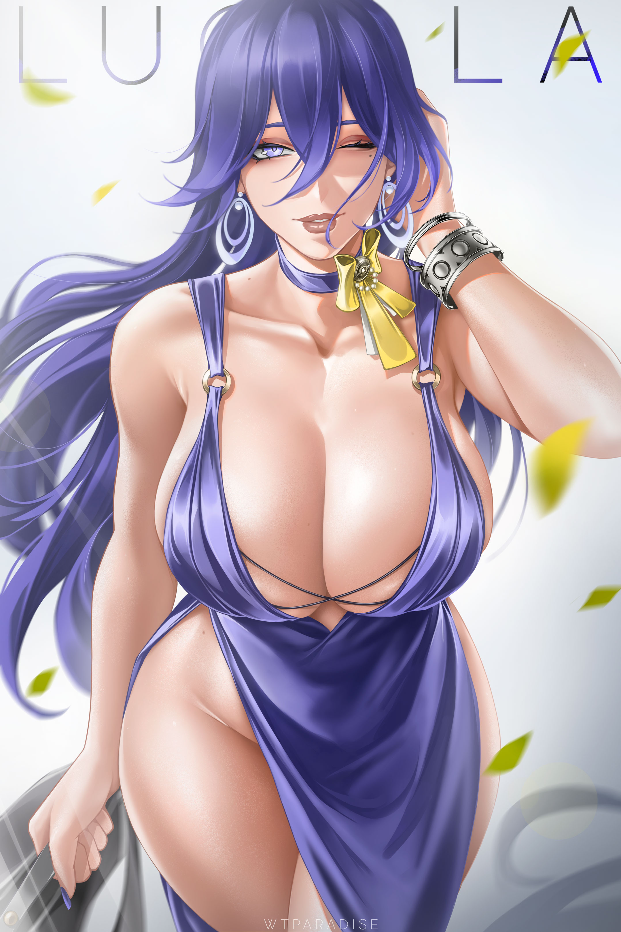 bracelet, breasts, cleavage, collarbone, dress, jewelry, large breasts, long hair, looking at viewer, lucilla (wuthering waves), purple hair, ribbon, solo, thick thighs, thighs, wtparadise, wuthering waves