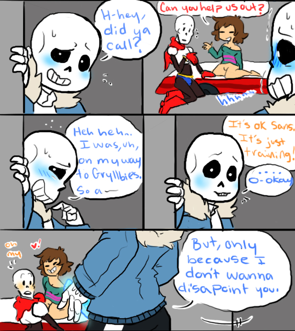 ... animated_skeleton blush bone comic dialogue english_text female frisk human imminent_sex magic_penis male mammal nsfwshamecave papyrus penis sans skeleton text undead undertale