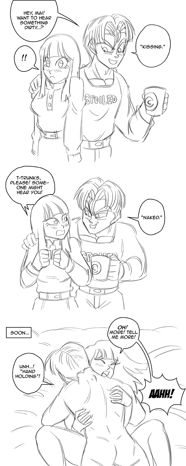 1boy, 1girls, canon couple, dragon ball, dragon ball super, female, funsexydragonball, future mai, future trunks, mai (dragon ball), male, monochrome, straight, teasing, trunks briefs